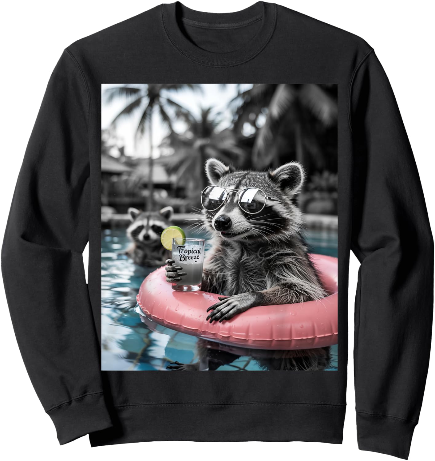 Raccoon Flamingo Float Funny Pool Party Summer Vibes Sweatshirt - Sweatshirt | Black
