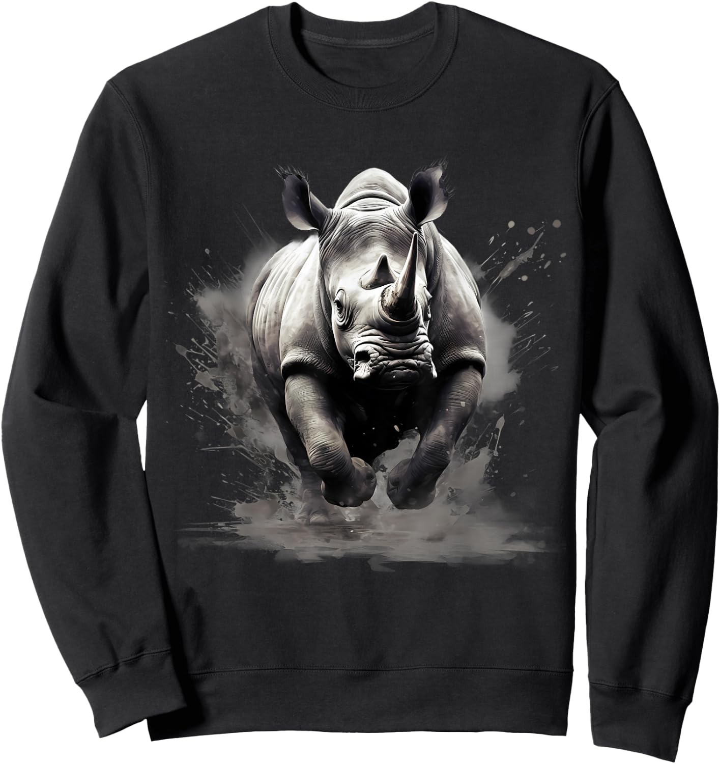 Rhino Animal Print Rhinoceros Wildlife Drawing Splash Motif Sweatshirt - Sweatshirt | Black