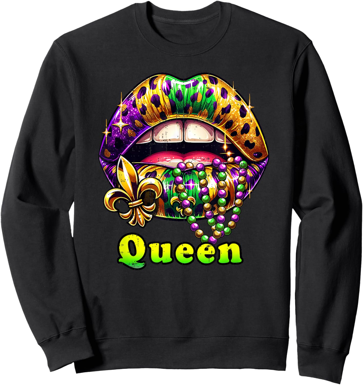 Mardi Gras Queen Lips Outfit Women Cheetah Leopard Print Sweatshirt - Sweatshirt | Black