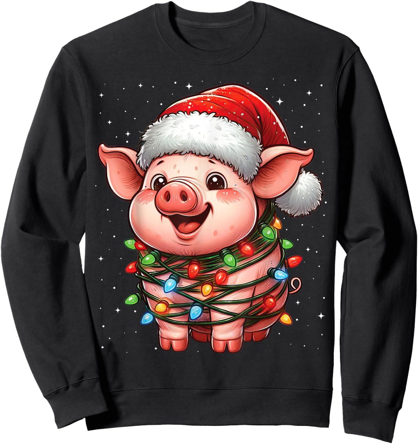 Pig Christmas Lights Santa Hat Xmas Snow Sweatshirt - Sweatshirt | Black