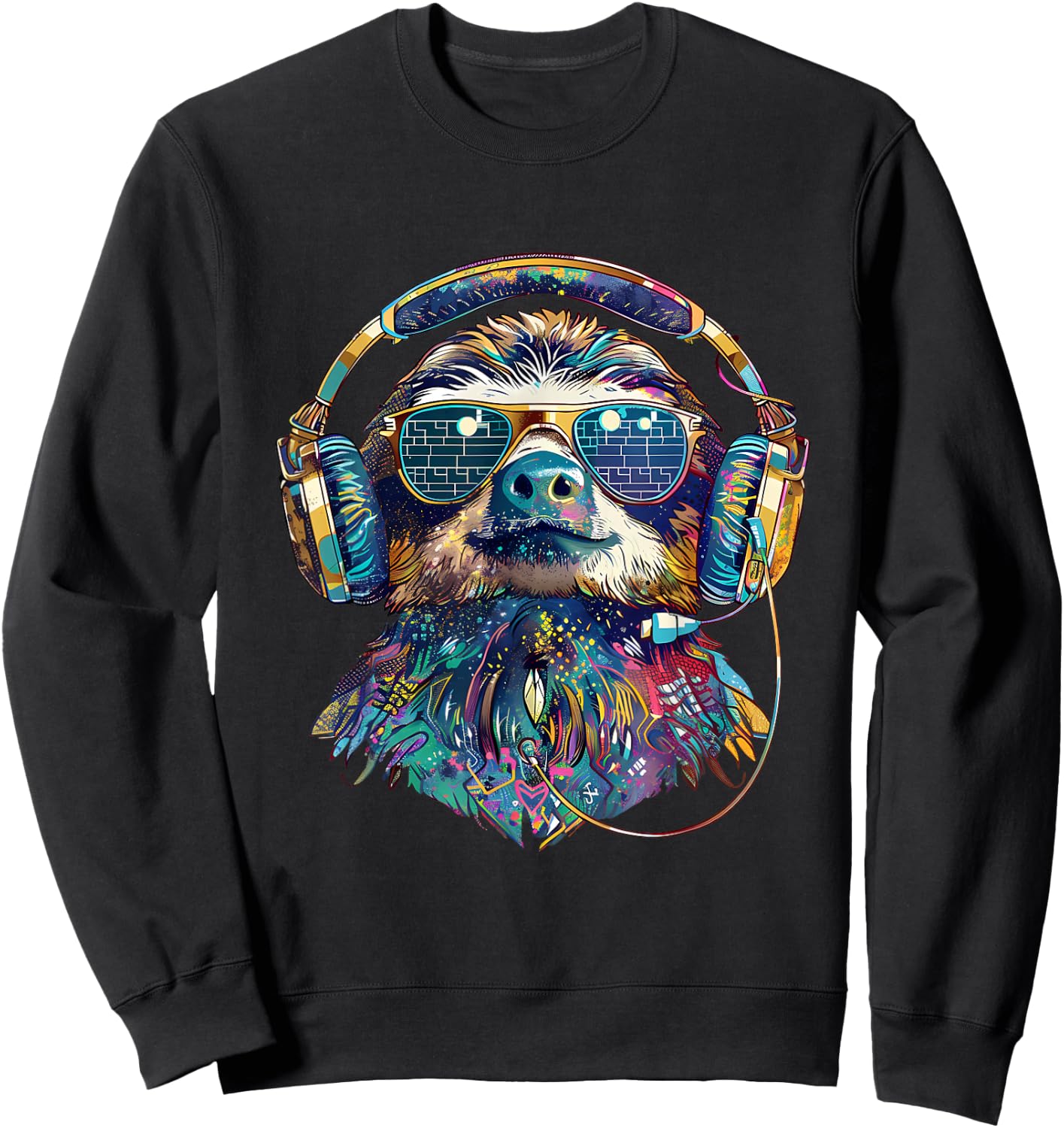 DJ Sloth Music Headphones Beatmaker Techno Animal Print Sweatshirt - Sweatshirt | Black