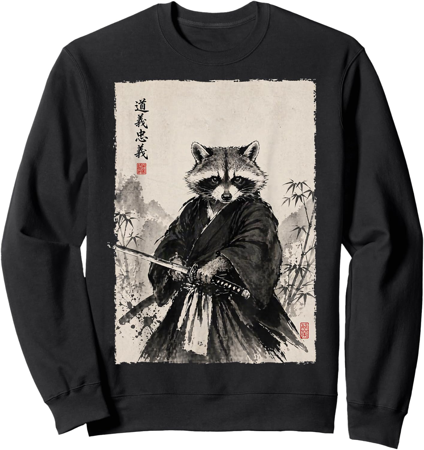 Samurai Raccoon Graphic Warrior Vintage Japanese Art Anime Sweatshirt - Sweatshirt | Black