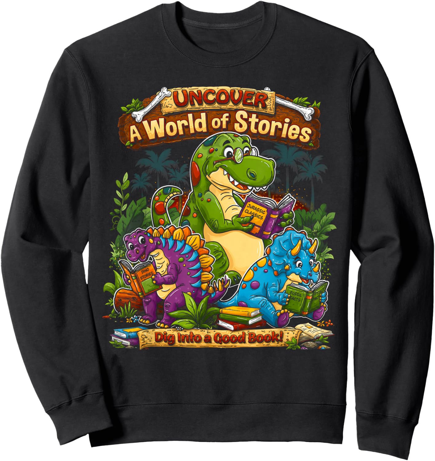 Uncover A World of Stories Dinosaur Reading Shirt for Kids Sweatshirt - Sweatshirt | Black