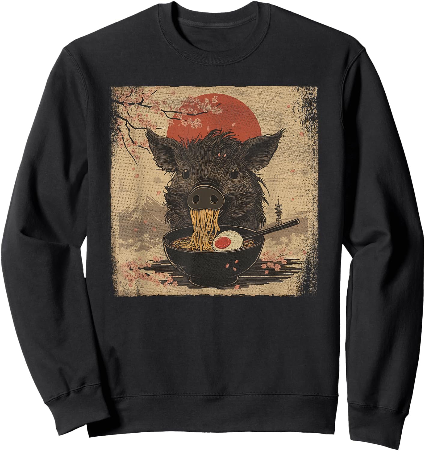 Japanese Woodblock Graphic Boar Eating Ramen Pig Lover Sweatshirt - Sweatshirt | Black