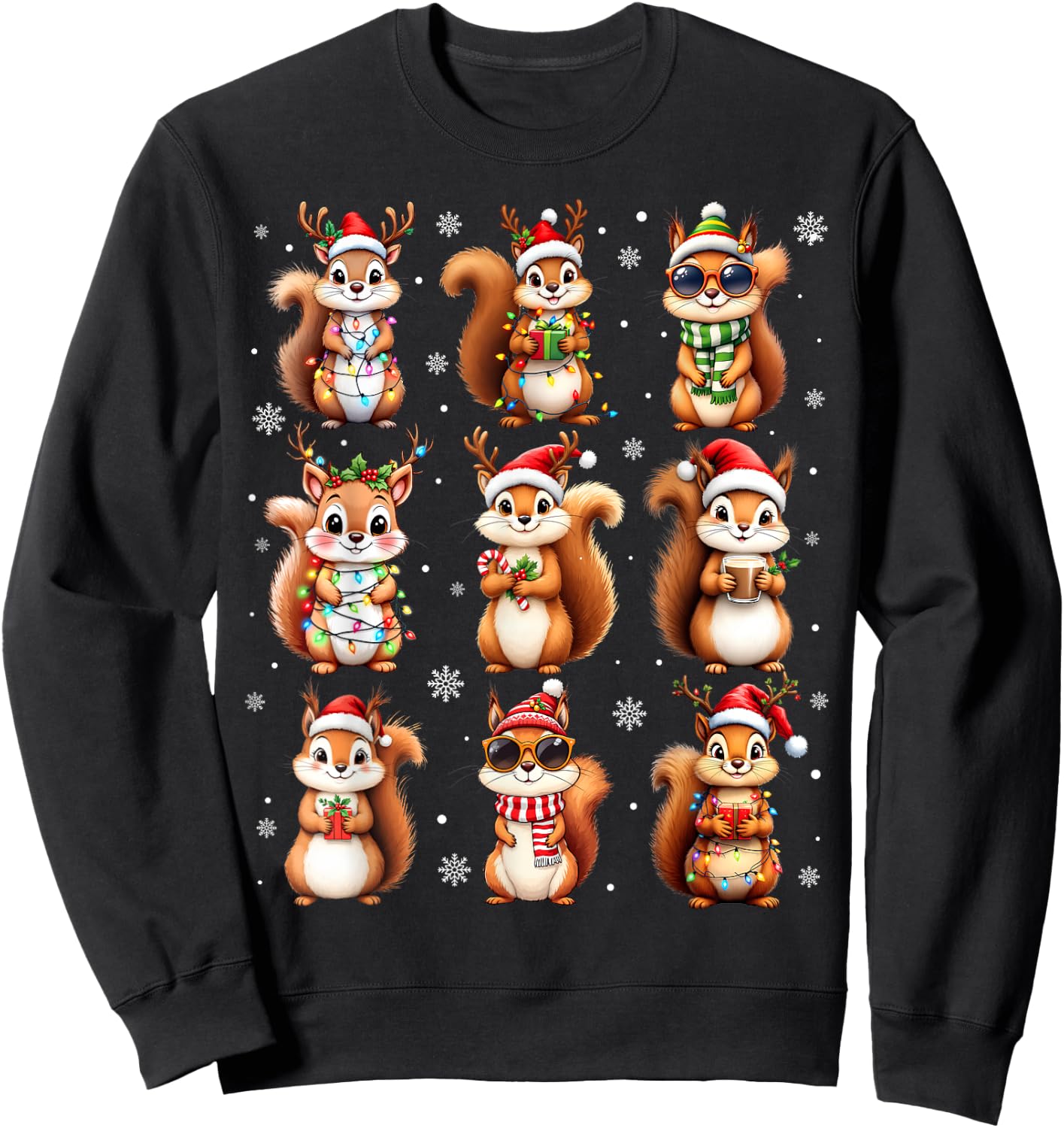 Squirrels Christmas Lights Funny Squirrel Lover Pajama Sweatshirt - Sweatshirt | Black