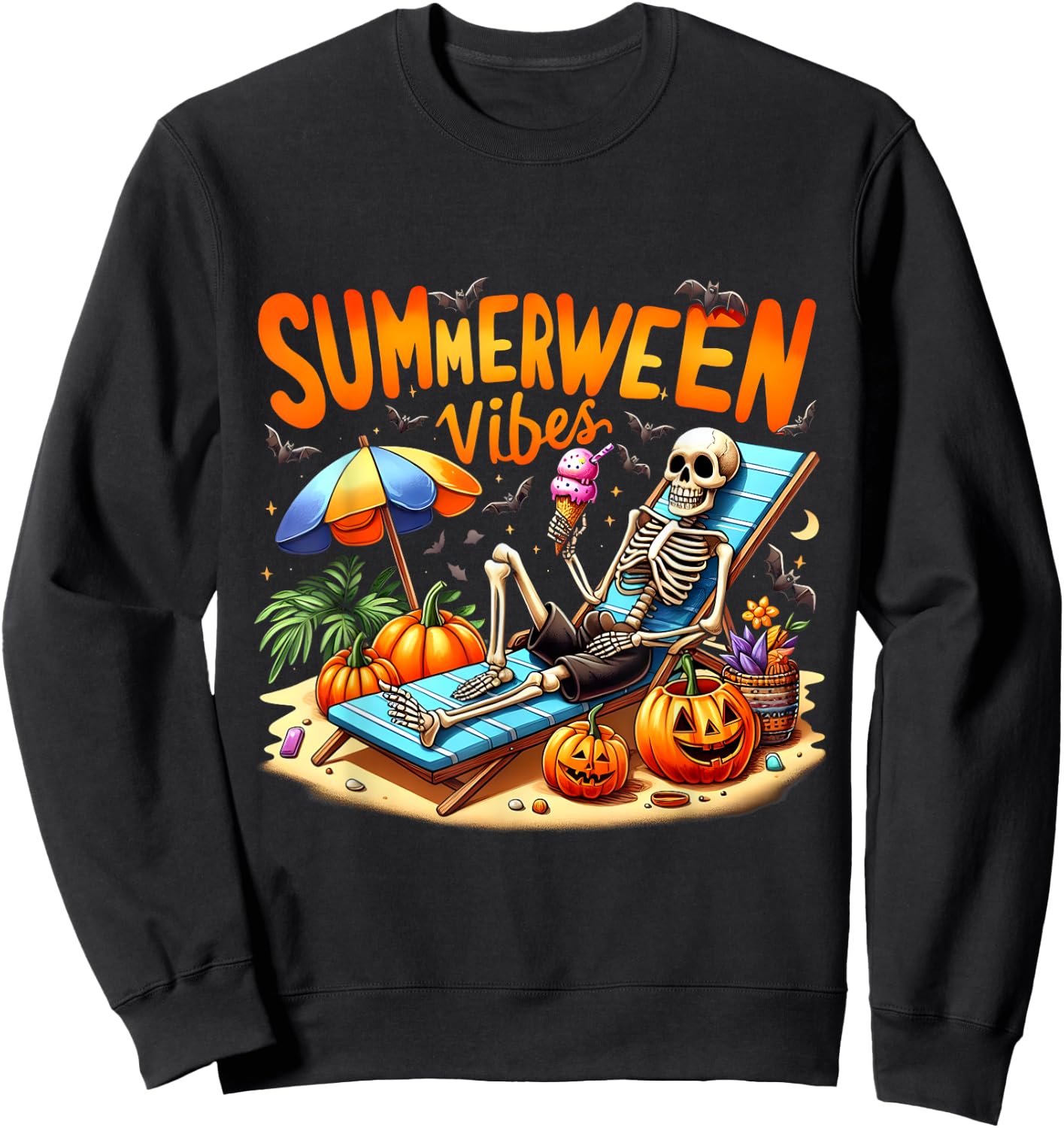 Summerween Halloween Skeleton Ice Cream Summer Vacation Women Sweatshirt - Sweatshirt | Black