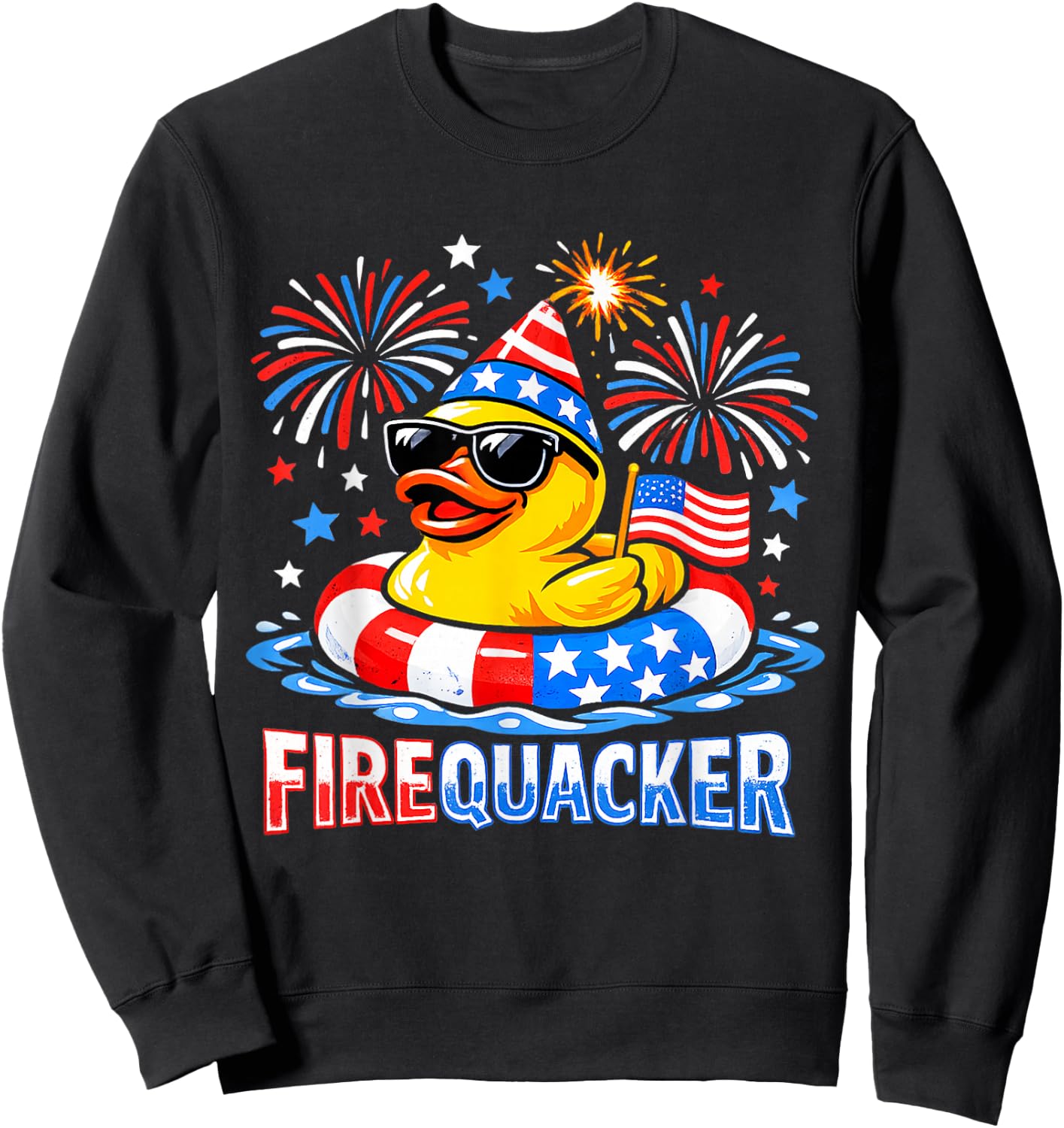 Firequacker Funny 4th of July Patriotic Duck Fireworks Sweatshirt - Sweatshirt | Black