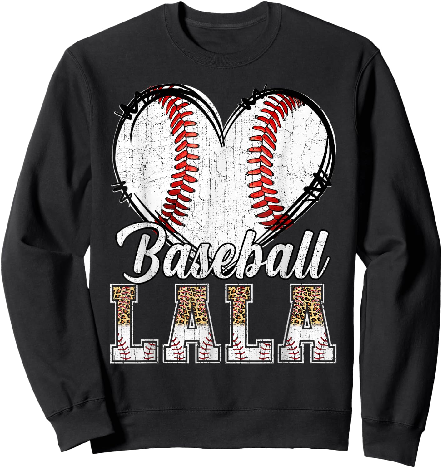 Softball Baseball Lala Heart Leopard Print Mother's Day Sweatshirt - Sweatshirt | Black