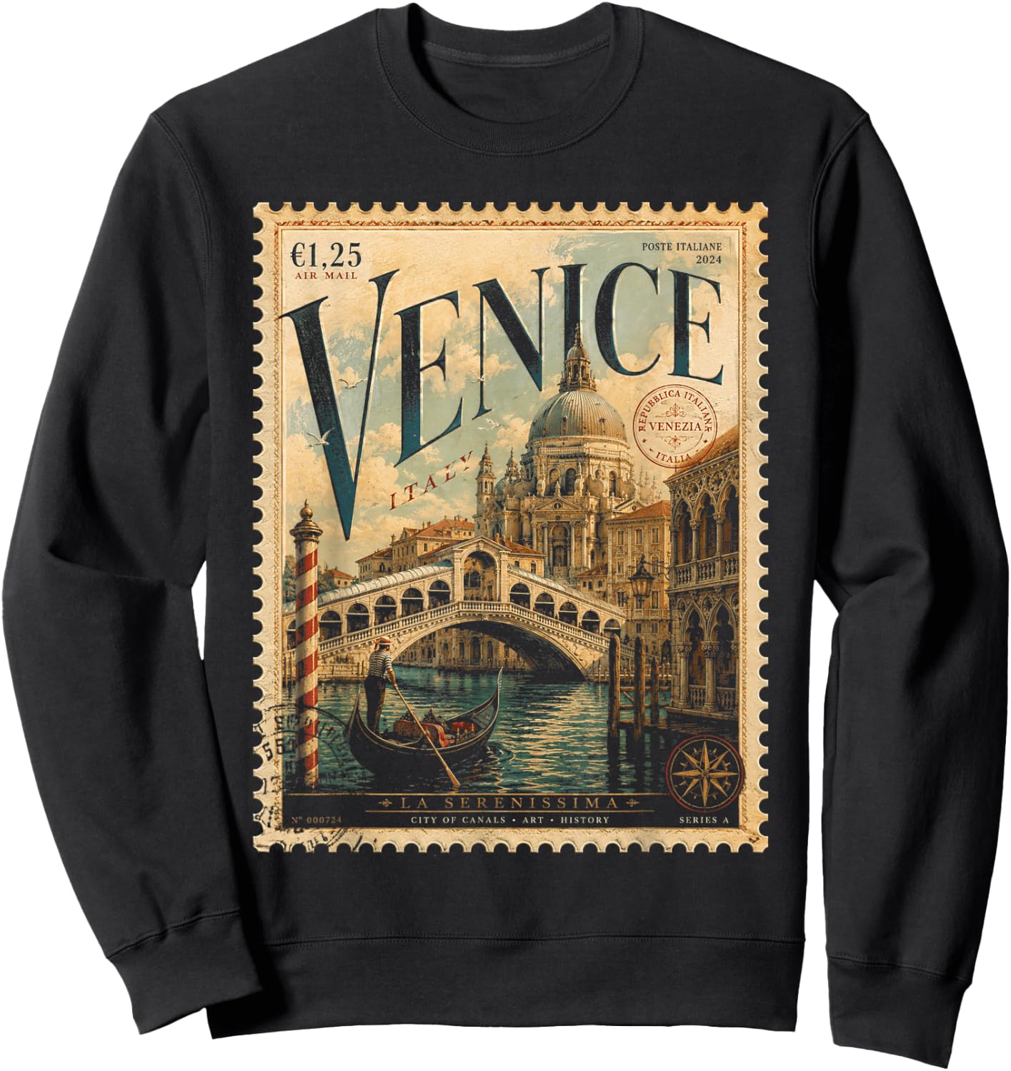 Vintage Venice Italy Travel Retro Postage Stamp Gondola Sweatshirt - Sweatshirt | Black