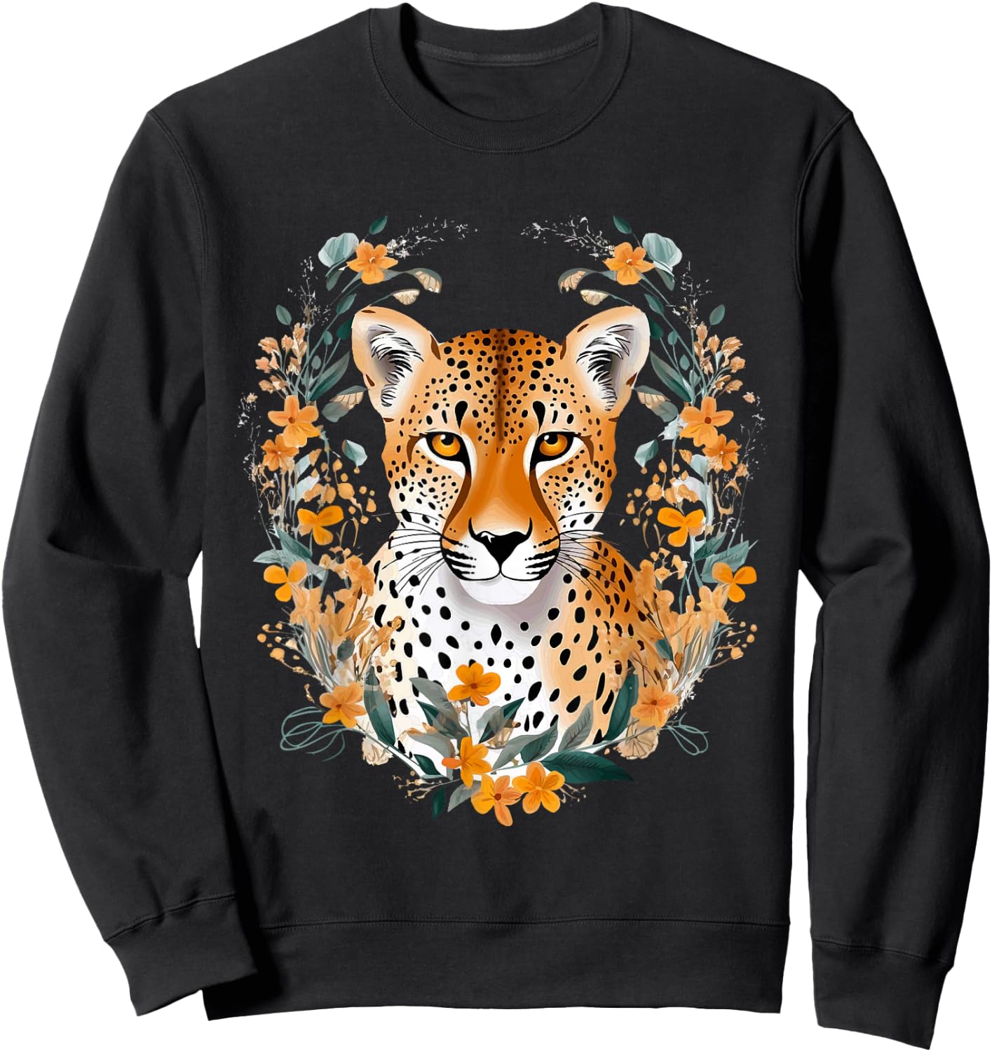 Cheetah Face Animal Print Big Cat Wildlife Flowers Design Sweatshirt - Sweatshirt | Black