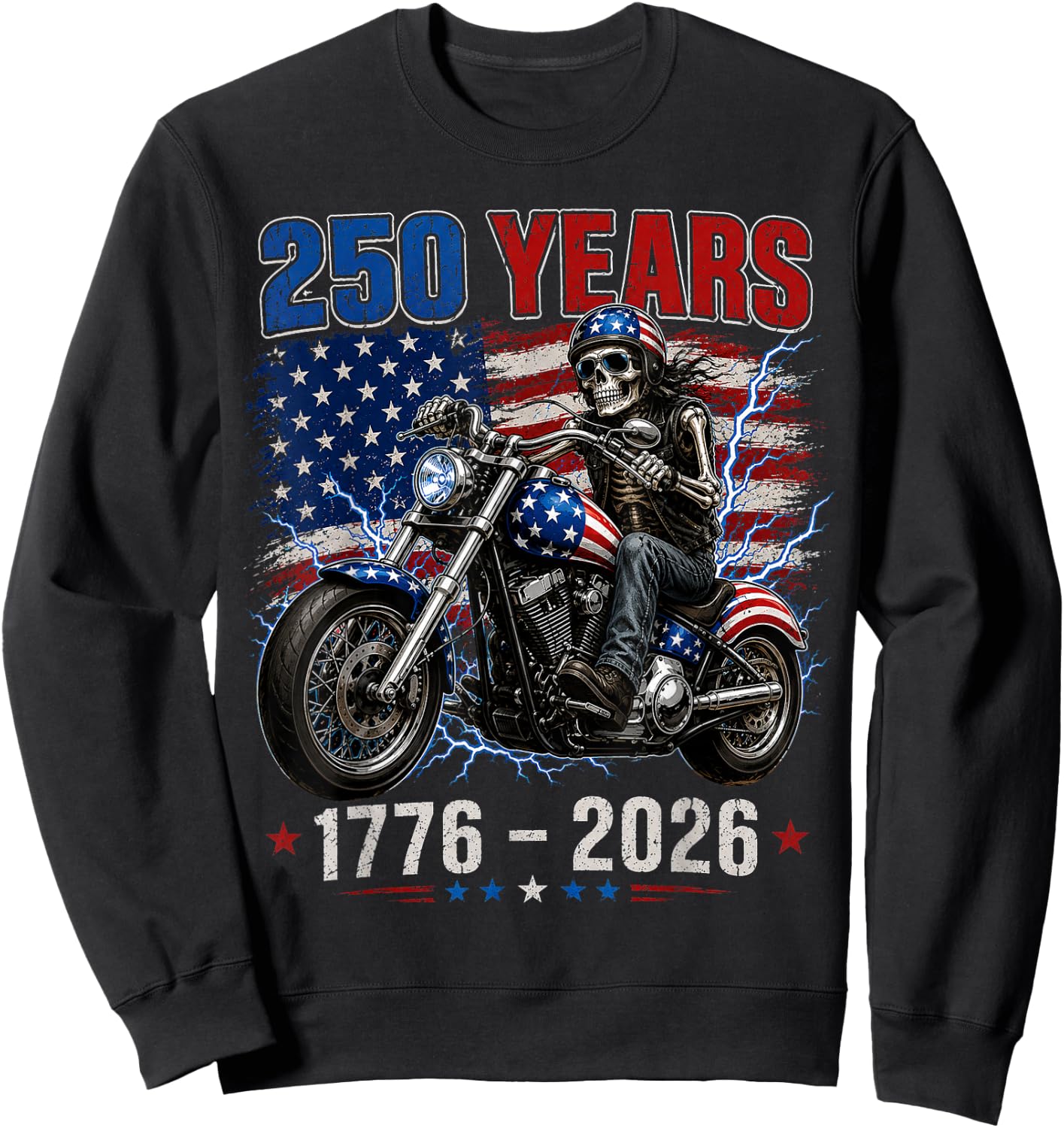 250 Anniversary USA 250th American Skull Motorcycle USA Flag Sweatshirt - Sweatshirt | Black