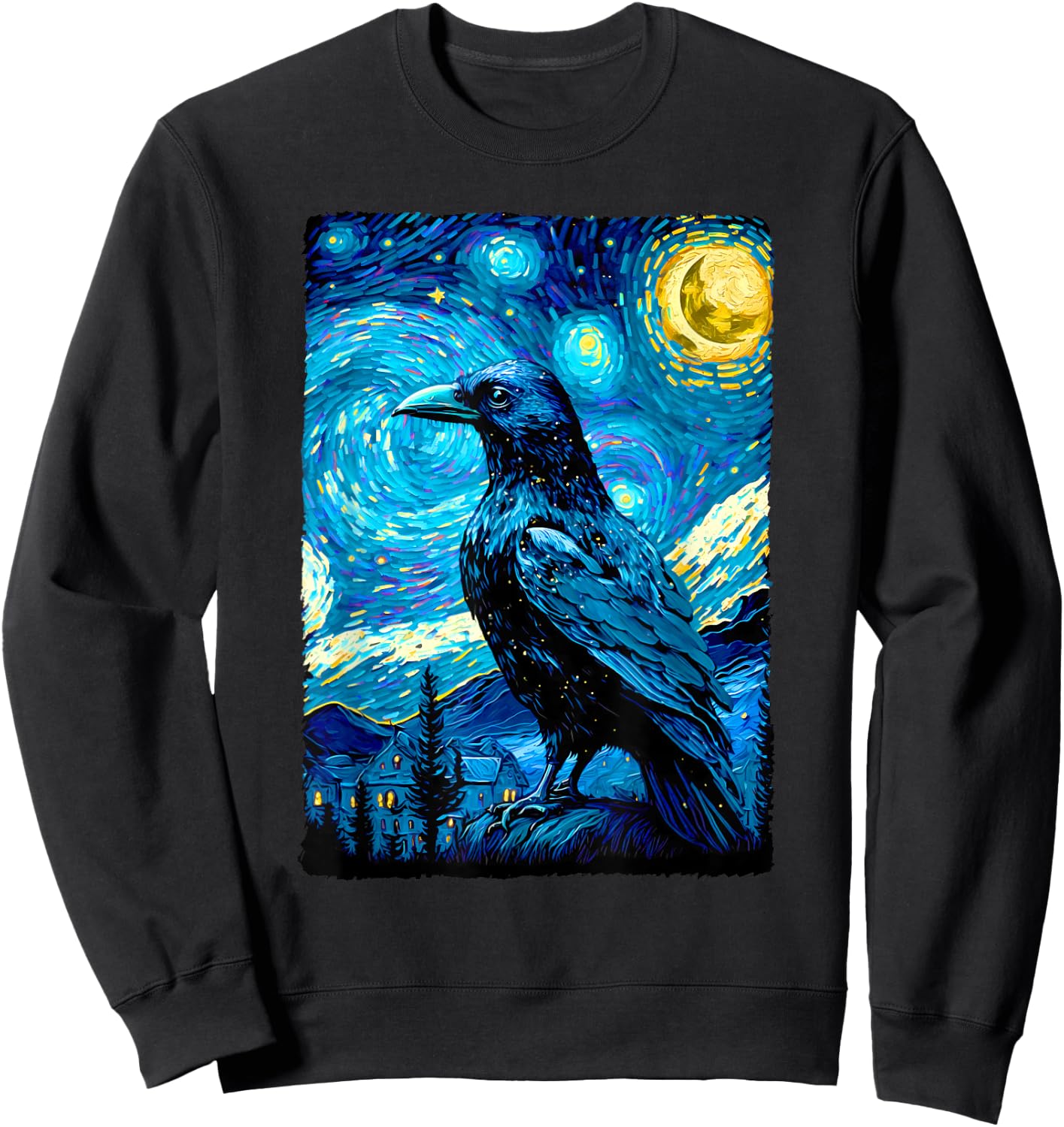 Crow Lover Raven Starry Night Style Painting, Van Gogh Sweatshirt - Sweatshirt | Black