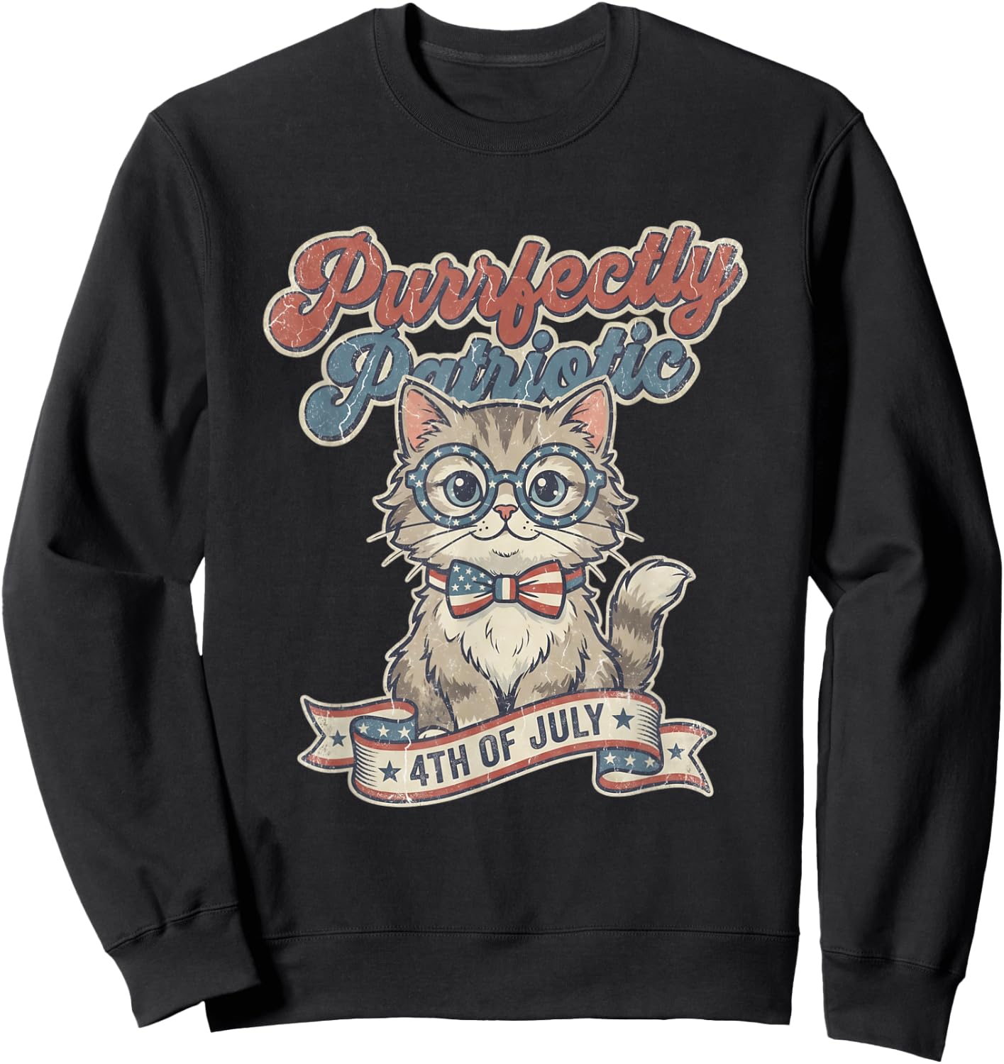 Purrfectly Patriotic Cat Vintage 4th of July Sweatshirt - Sweatshirt | Black