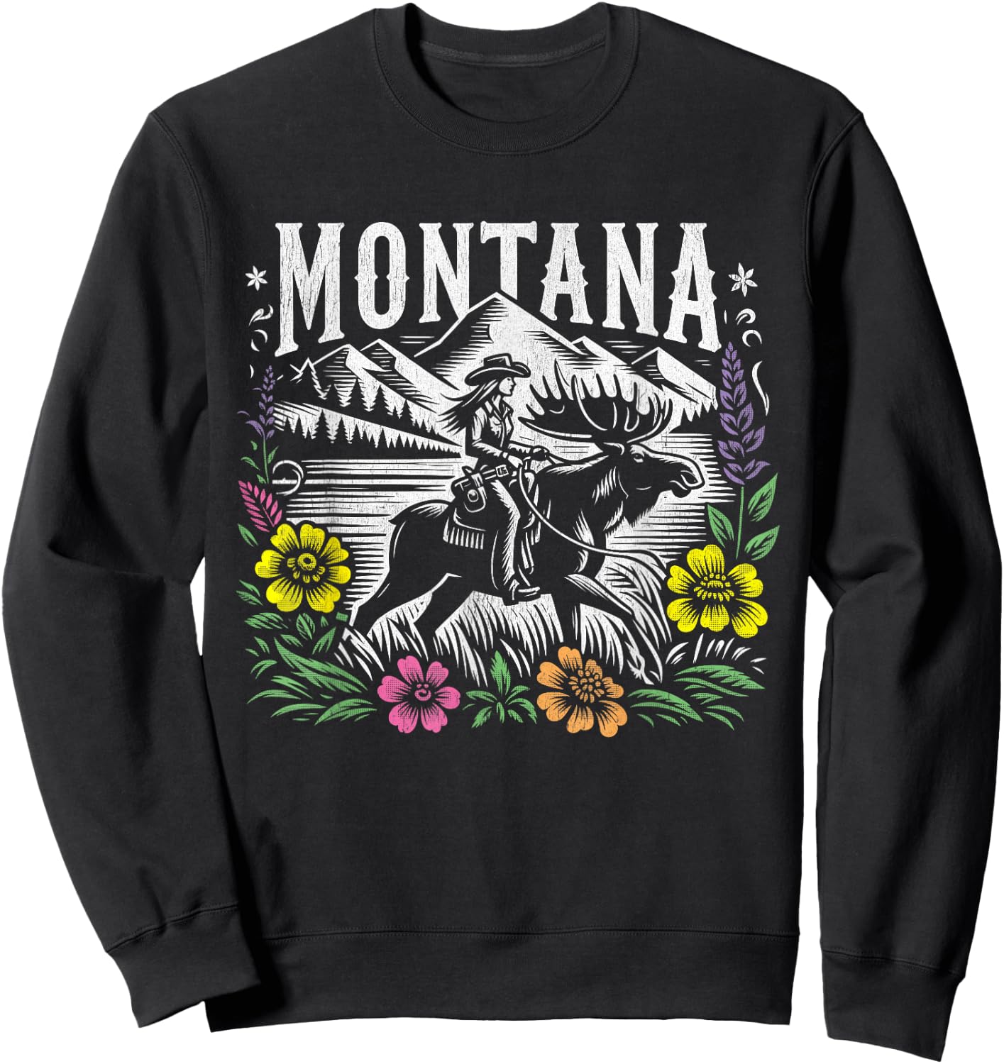 Montana Cowgirl Riding a Moose - Retro Look Sweatshirt - Sweatshirt | Black