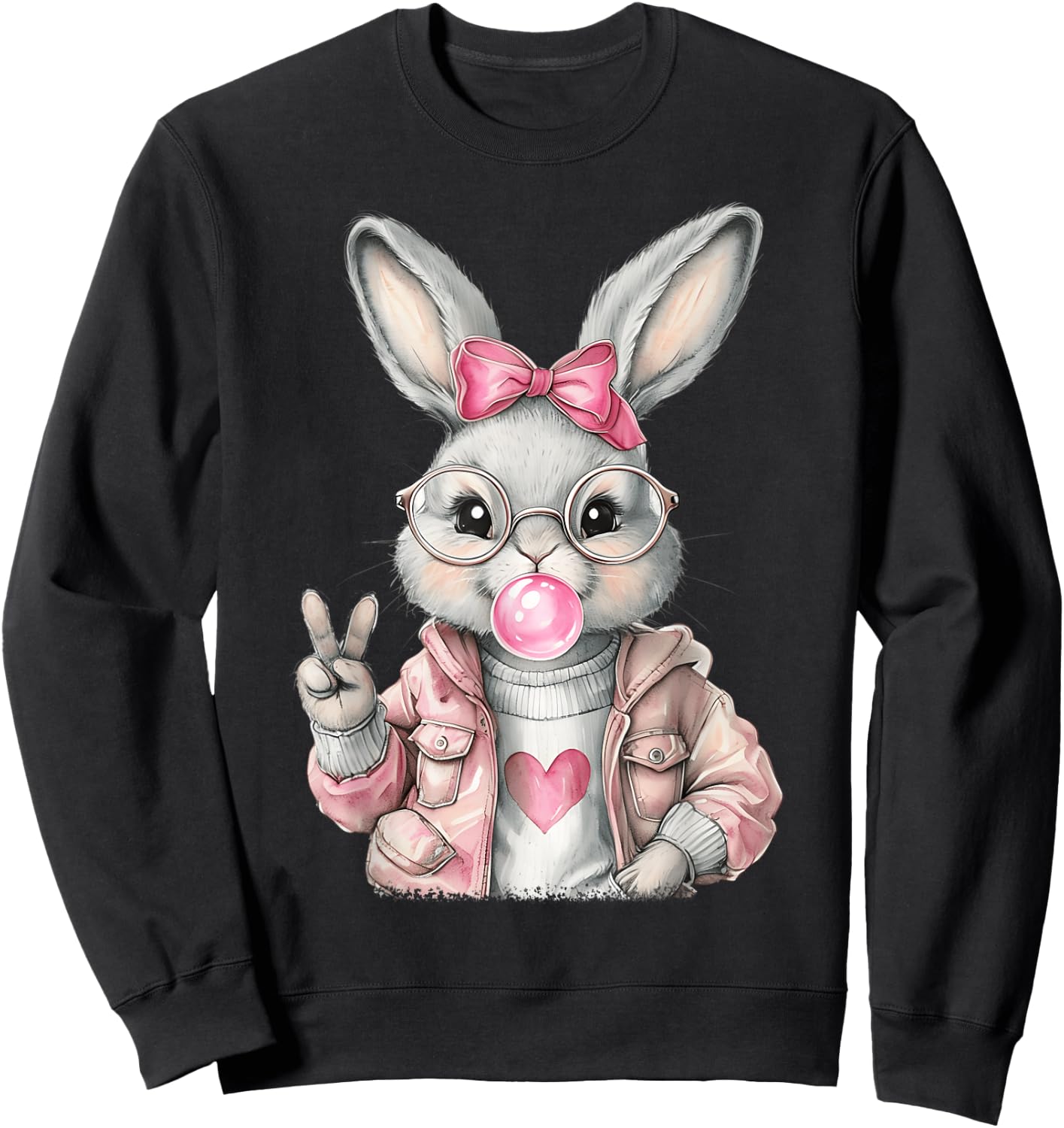 Rabbit Bunny Blowing Bubble Gum Easter Day Cute Girl Women Sweatshirt - Sweatshirt | Black