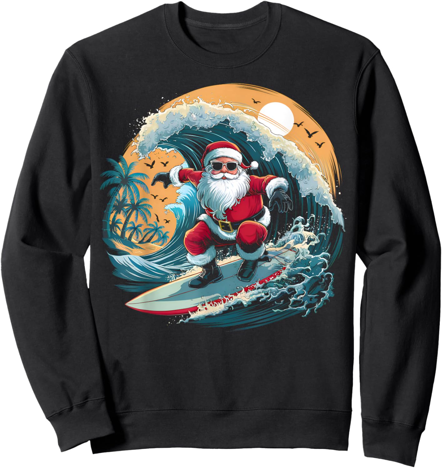 Vintage Surfer Christmas Surfing Santa Claus Beach Surfboard Sweatshirt - Sweatshirt | Black