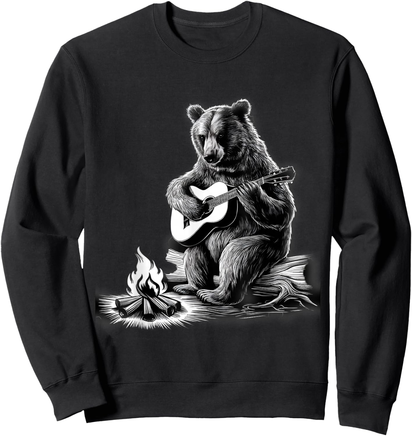 Bear Playing Guitar Rock on Campfire Bear Sweatshirt - Sweatshirt | Black