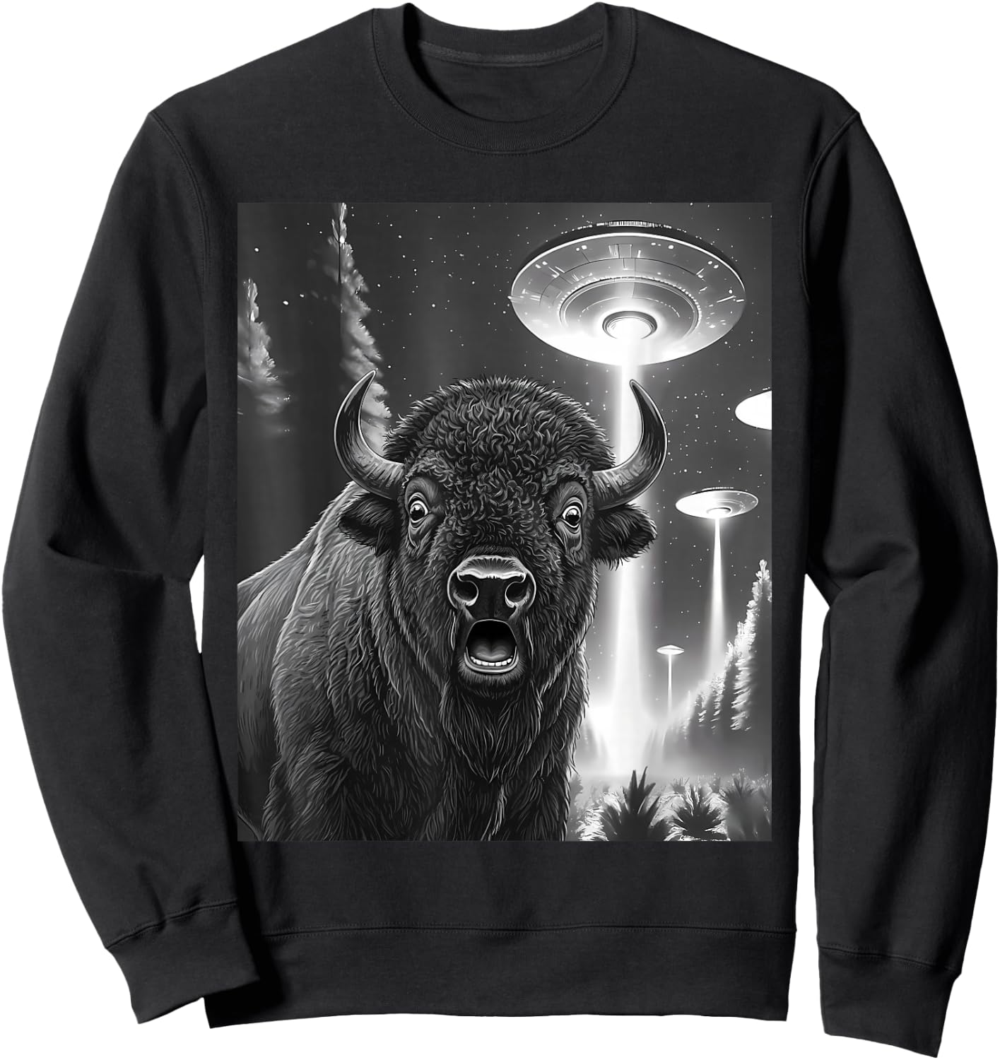 Funny Bison Alien UFO Taking a Selfie Animal Lover Retro Sweatshirt - Sweatshirt | Black