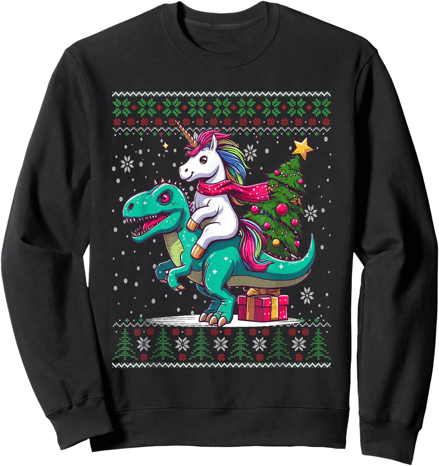 Christmas Unicorn Riding a Dinosaur Ugly Christmas Sweater Sweatshirt - Sweatshirt | Black