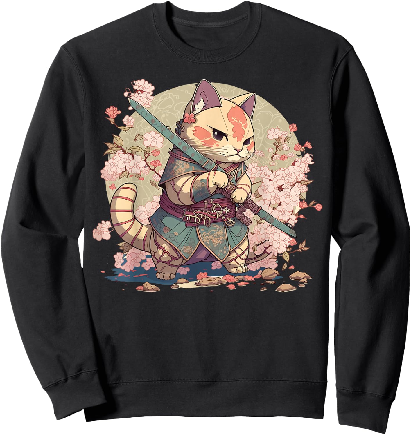 Japanese Samurai Warriors & Funny Kawaii Animes Samurai Cat Warrior Japanische Ninja-Katze Kawaii Schwarz Erwachsene und Kinder Kurzarm Klein Sweatshirt - Sweatshirt | Black
