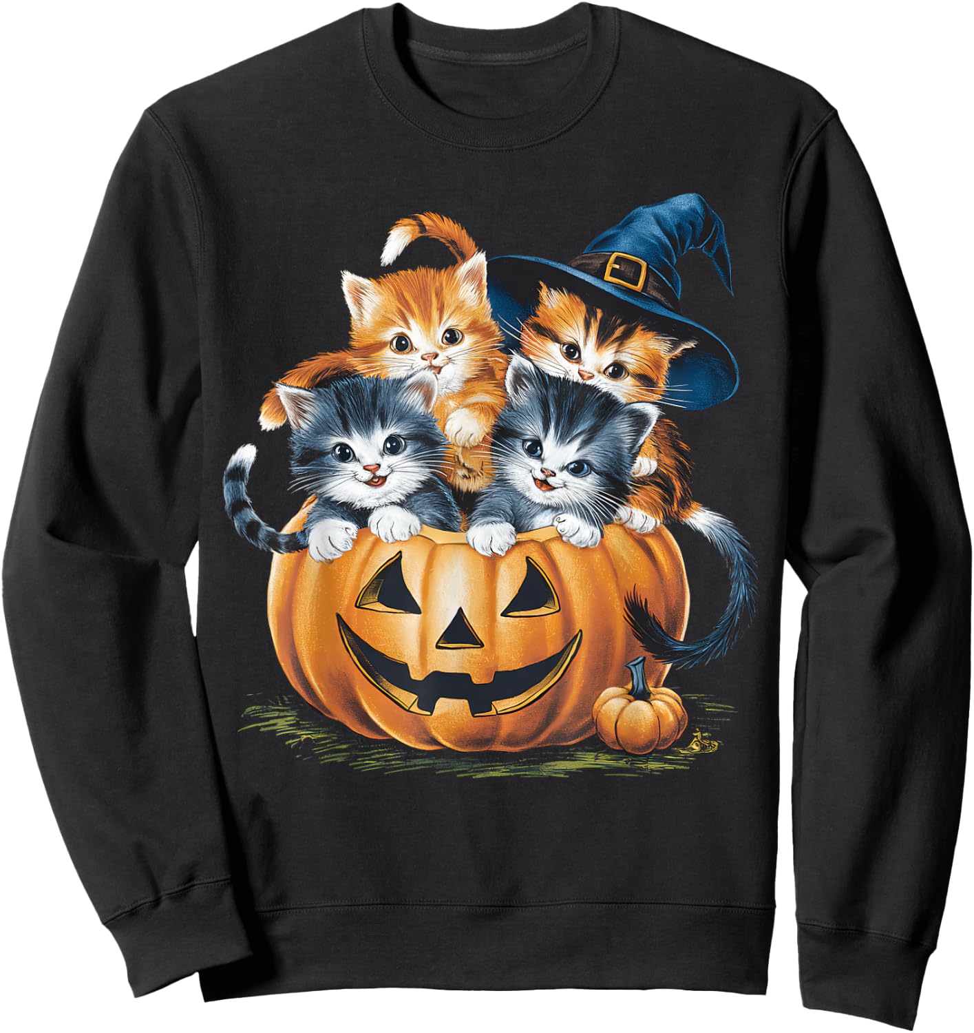 Vintage 90s Cat Pumpkin Halloween Retro Floral Spooky Season Sweatshirt - Sweatshirt | Black