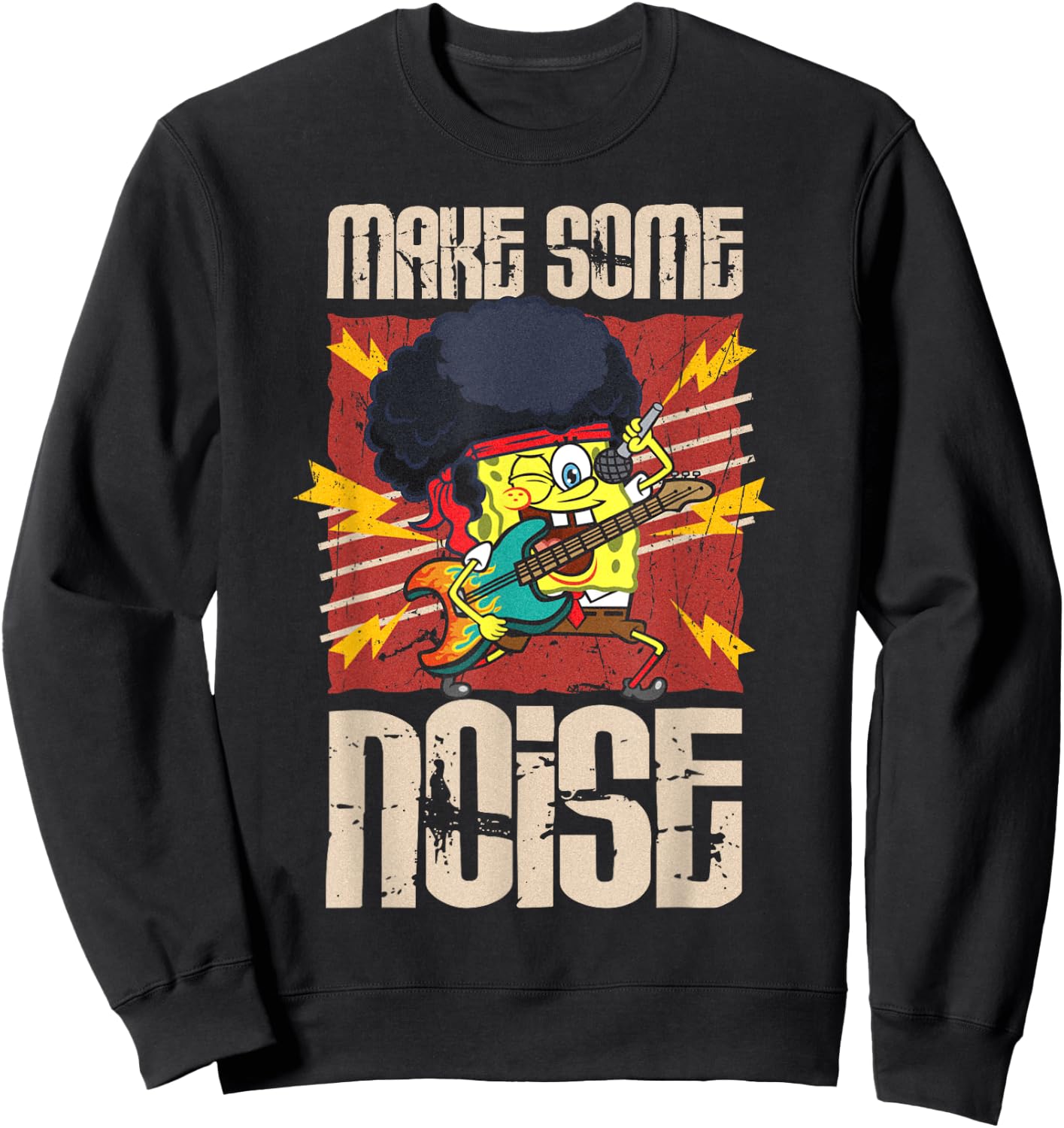 Mademark x SpongeBob SquarePants - SpongeBob Make Some Noise Rock and Roll Heavy Metal Retro Sweatshirt - Sweatshirt | Black