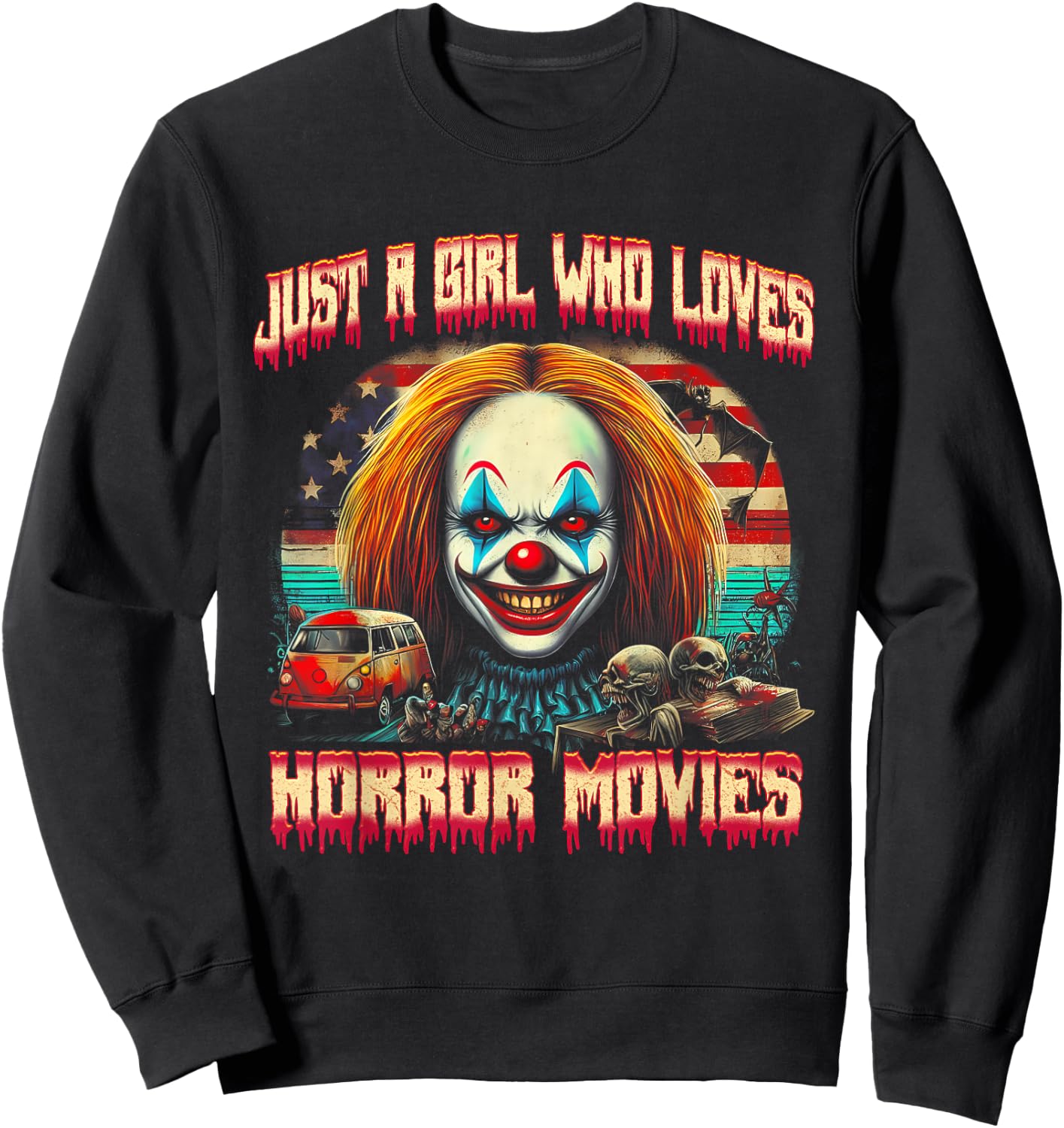Vintage Just Girl Who Loves Horror Movies Clown Halloween Sweatshirt - Sweatshirt | Black