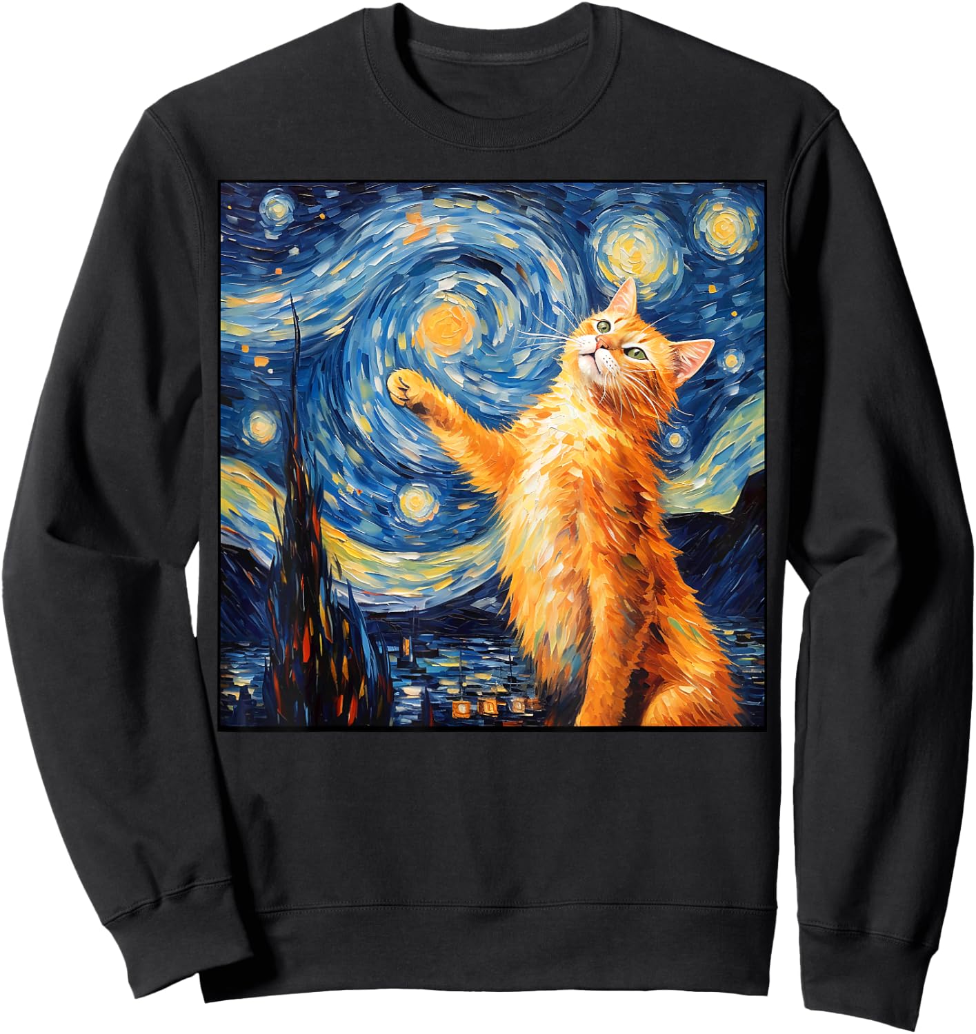 Art Van Gogh Starry Night Cat Painting Cats Lover Mom Dad Sweatshirt - Sweatshirt | Black