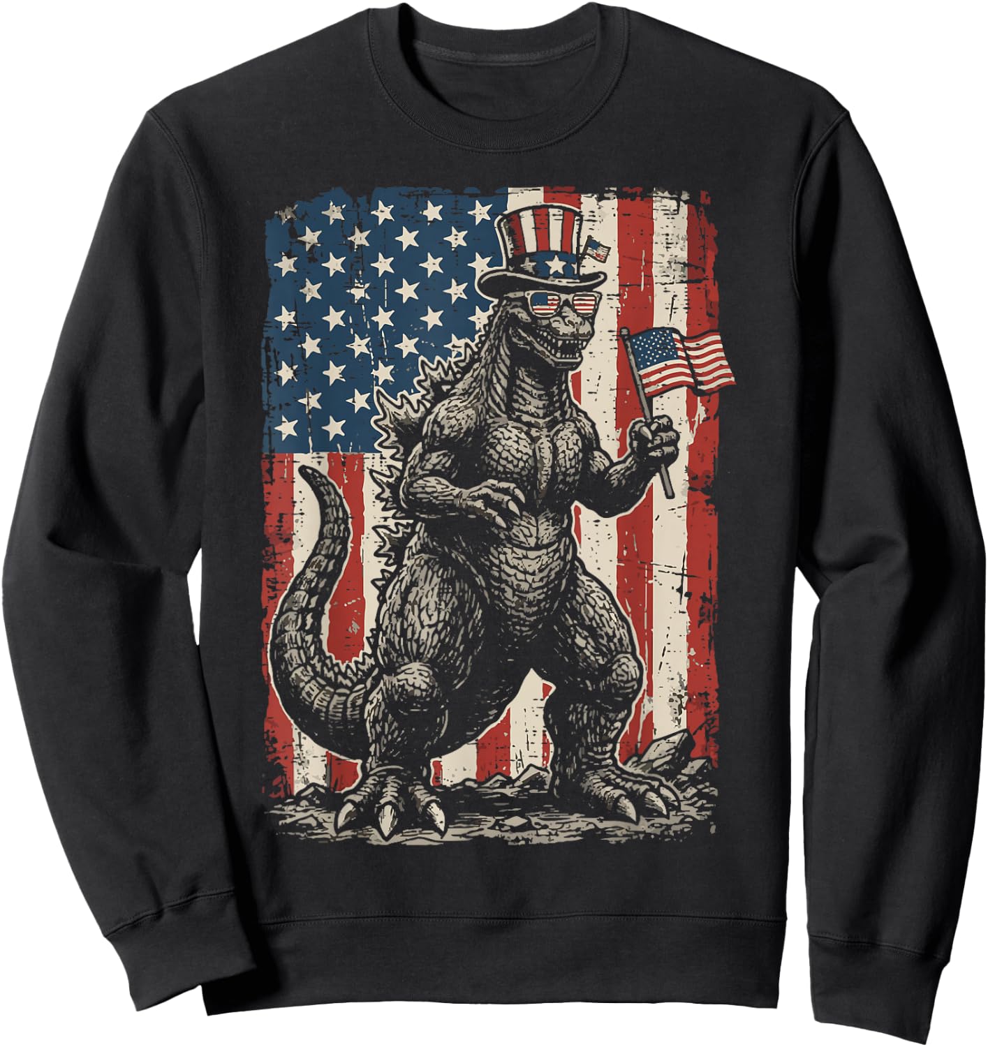 Japanese Lizard Monster US Flag 4th of July Men Women Kids Sweatshirt - Sweatshirt | Black
