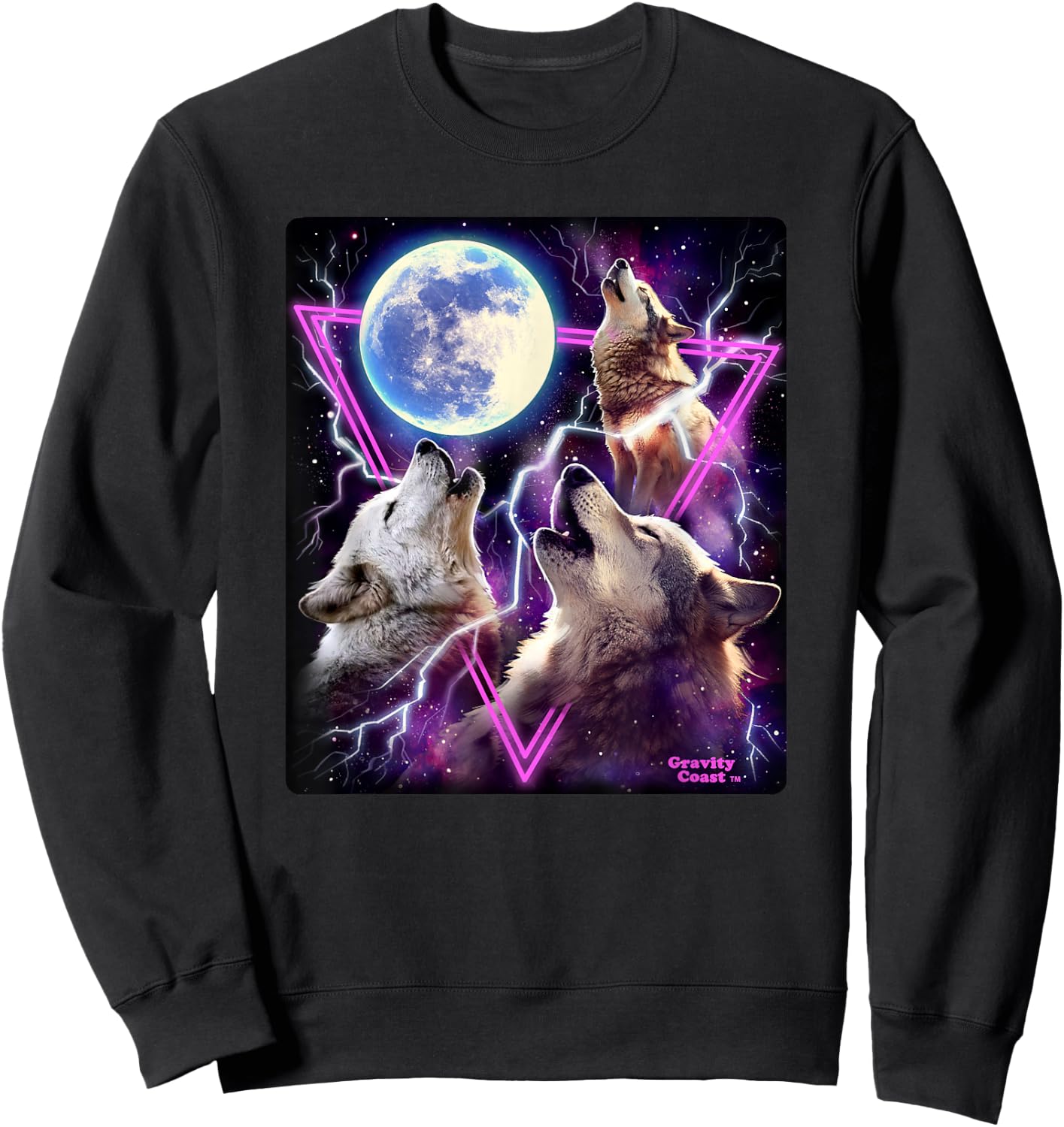 Epic Three Wolves Howling at The Moon 80's Poster Style Wolf Sweatshirt - Sweatshirt | Black