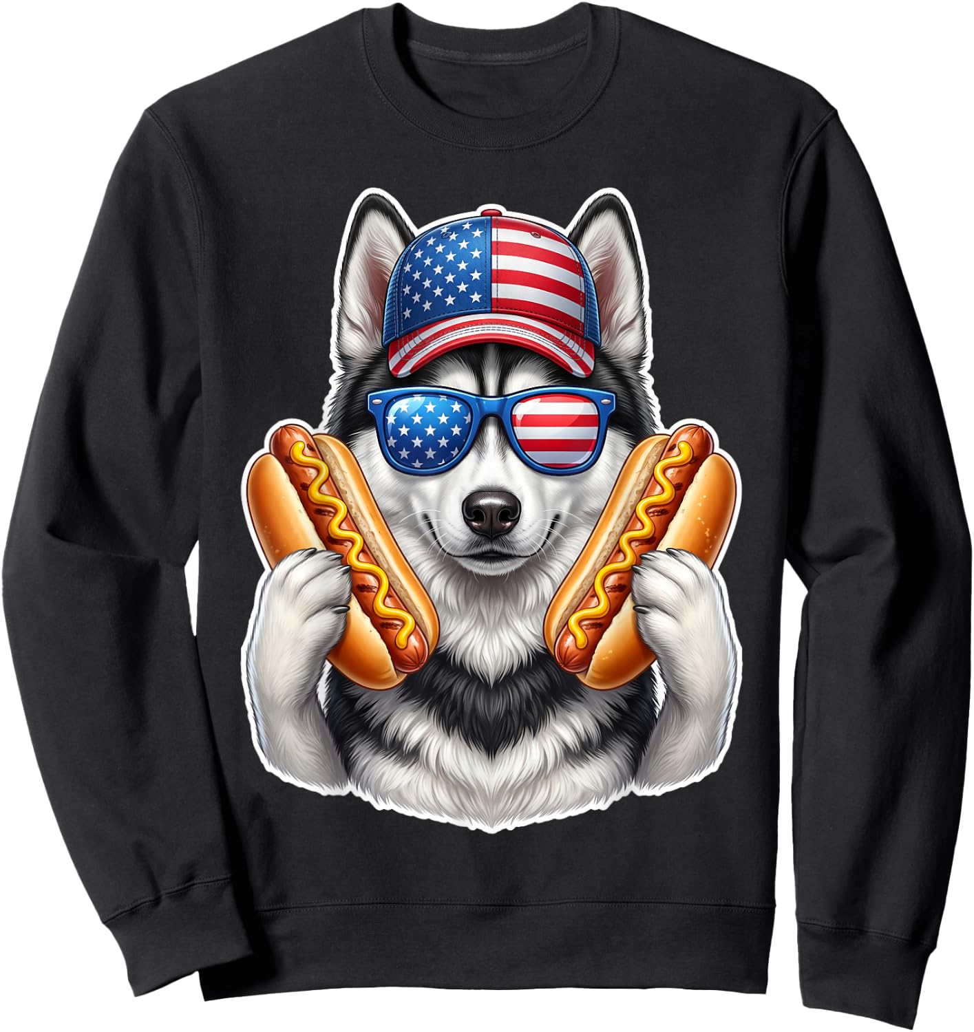 4th of July Hotdog Siberian Husky Funny Patriotic USA Flag Sweatshirt - Sweatshirt | Black
