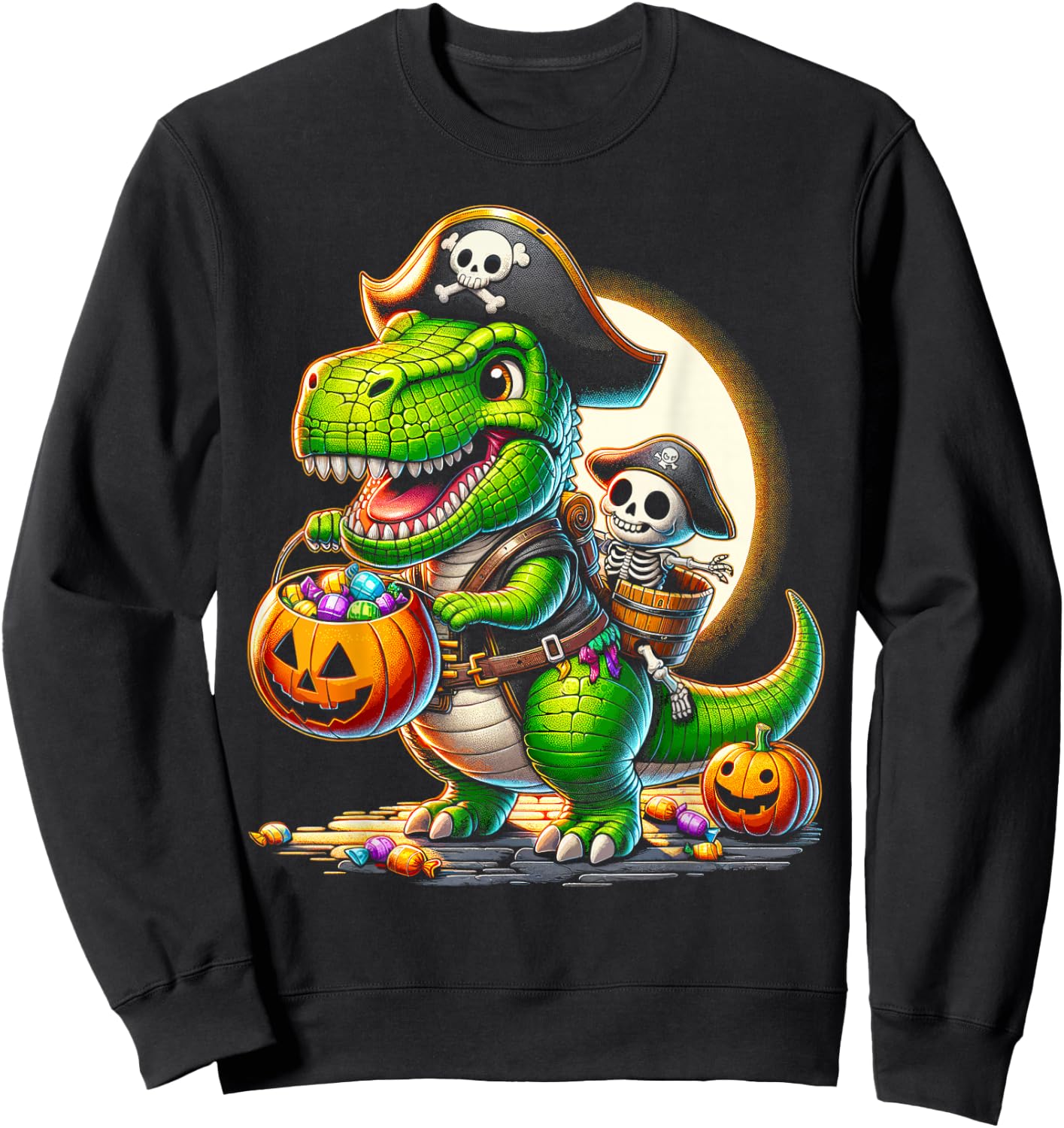 Halloween Funny T Rex Dinosaur Pirate Boys Trick Treat Sweatshirt - Sweatshirt | Black