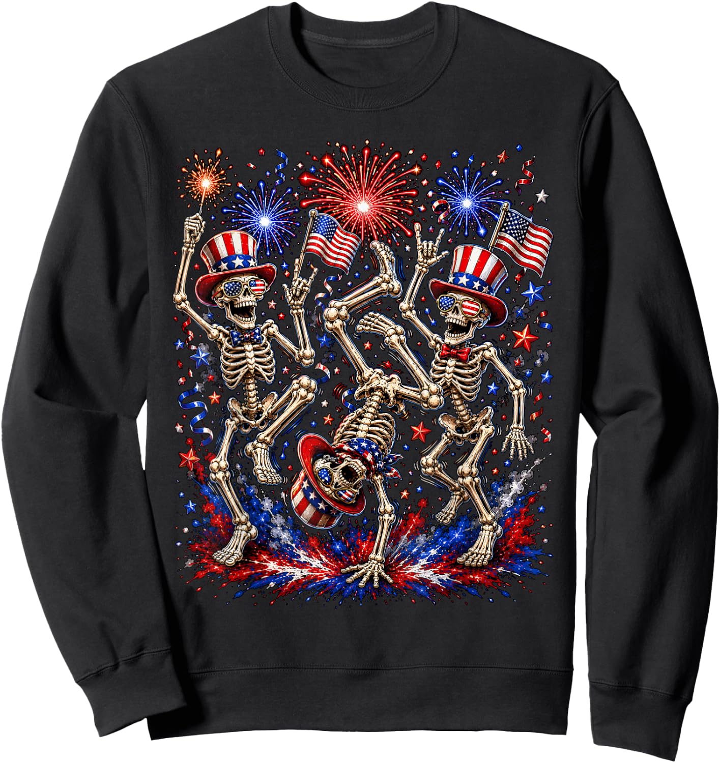 USA Fireworks Patriotic Dancing Skeletons 4th of July Gothic Sweatshirt - Sweatshirt | Black