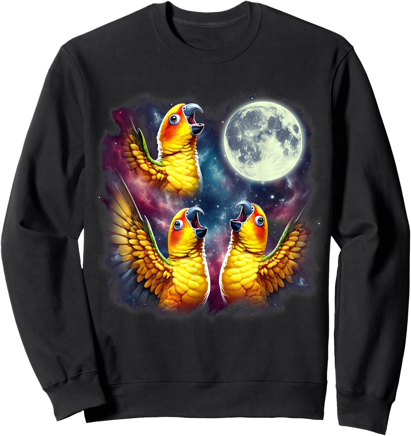 Three Sun Conures Howling at Moon Funny Meme Parrot Lover Sweatshirt - Sweatshirt | Black