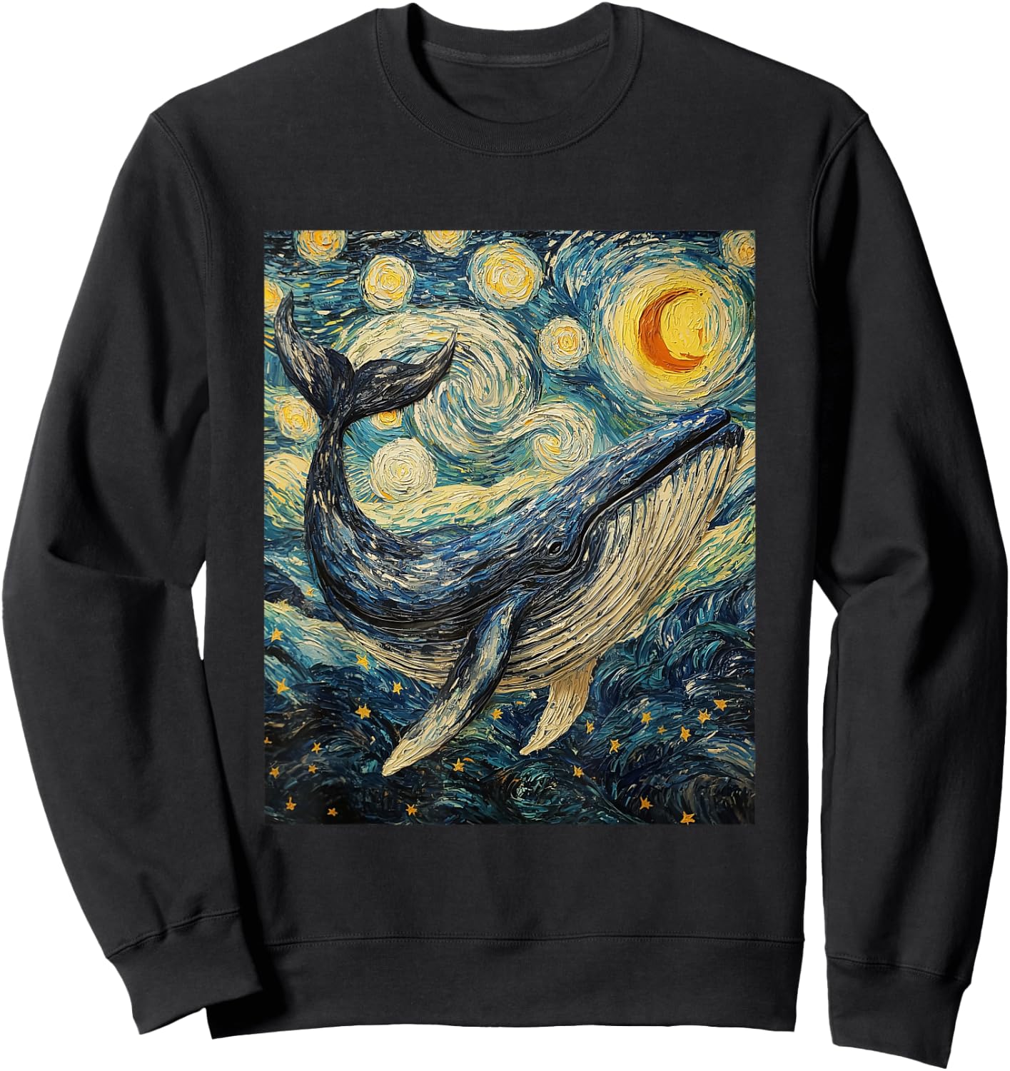 Whale Fish Van Gogh Style Starry Night Sea Graphic Sweatshirt - Sweatshirt | Black