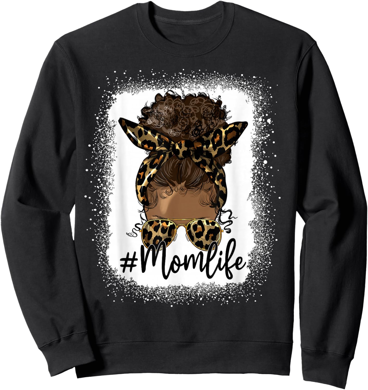 Mom Life Black Women Afro Messy Bun Leopard Mother's Day Sweatshirt - Sweatshirt | Black