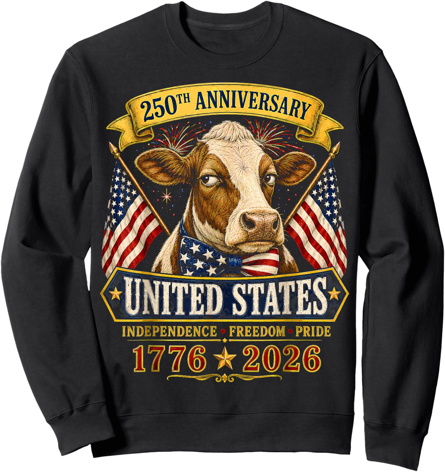 250 Years America Cow Patriotic USA 4th of July Sweatshirt - Sweatshirt | Black