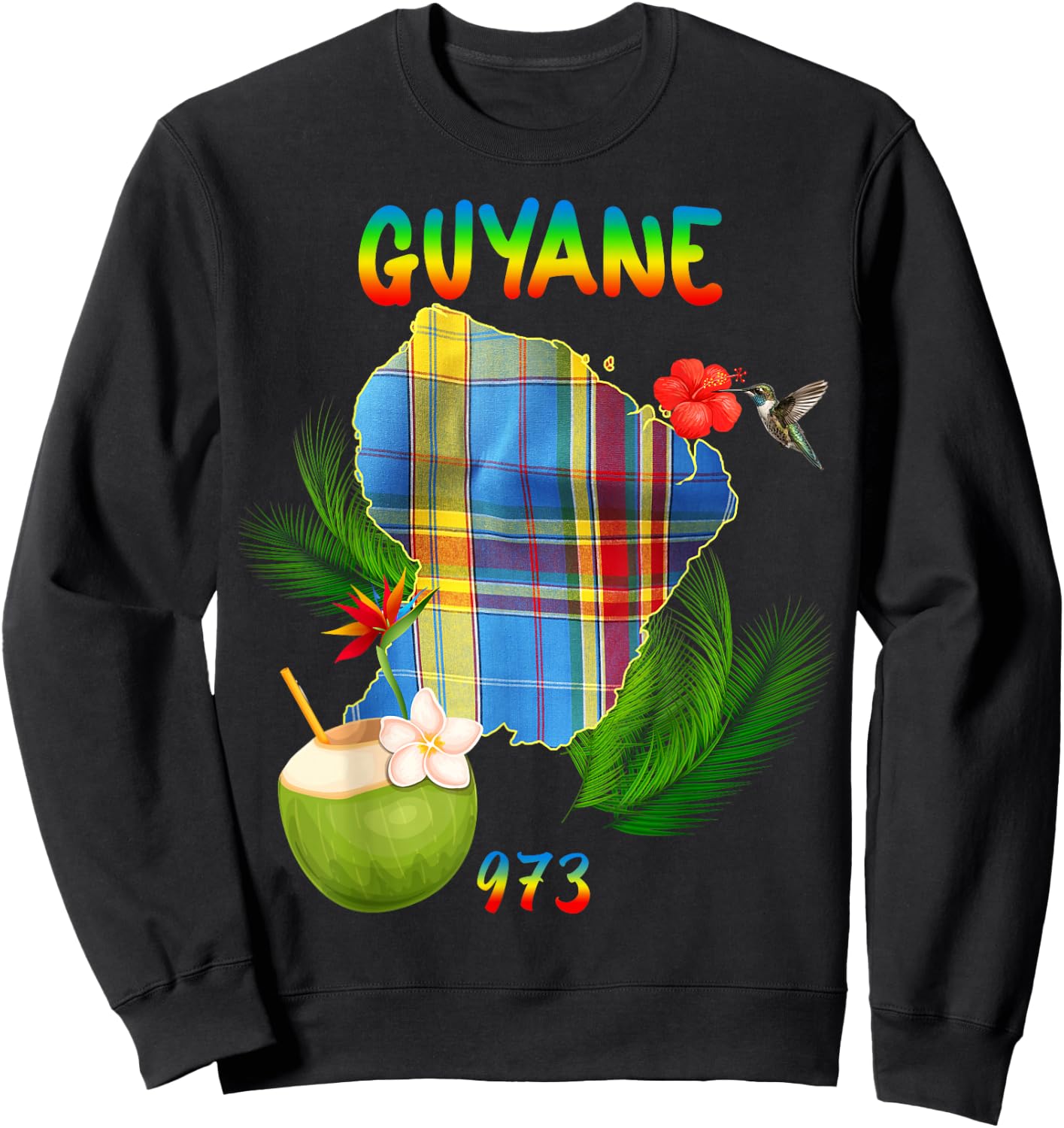 Beautiful French Guiana 973 Madras Hibiscus Hummingbird Coconut Sweatshirt - Sweatshirt | Black