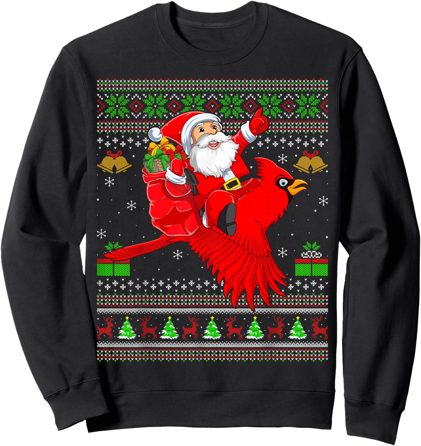 Ugly Xmas Sweater Funny Santa Riding Cardinal Bird Christmas Sweatshirt - Sweatshirt | Black