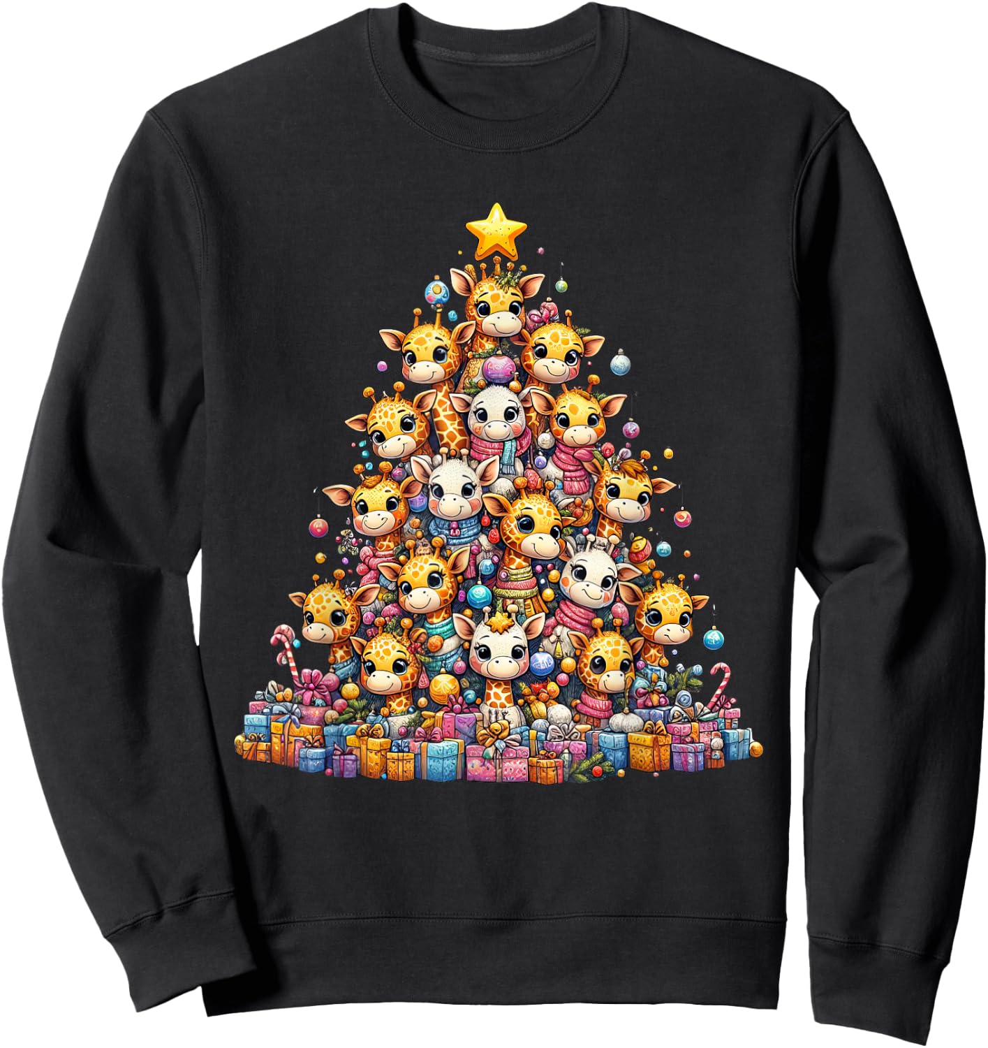 Cute Giraffe Christmas Tree Kids Funny Sweatshirt - Sweatshirt | Black