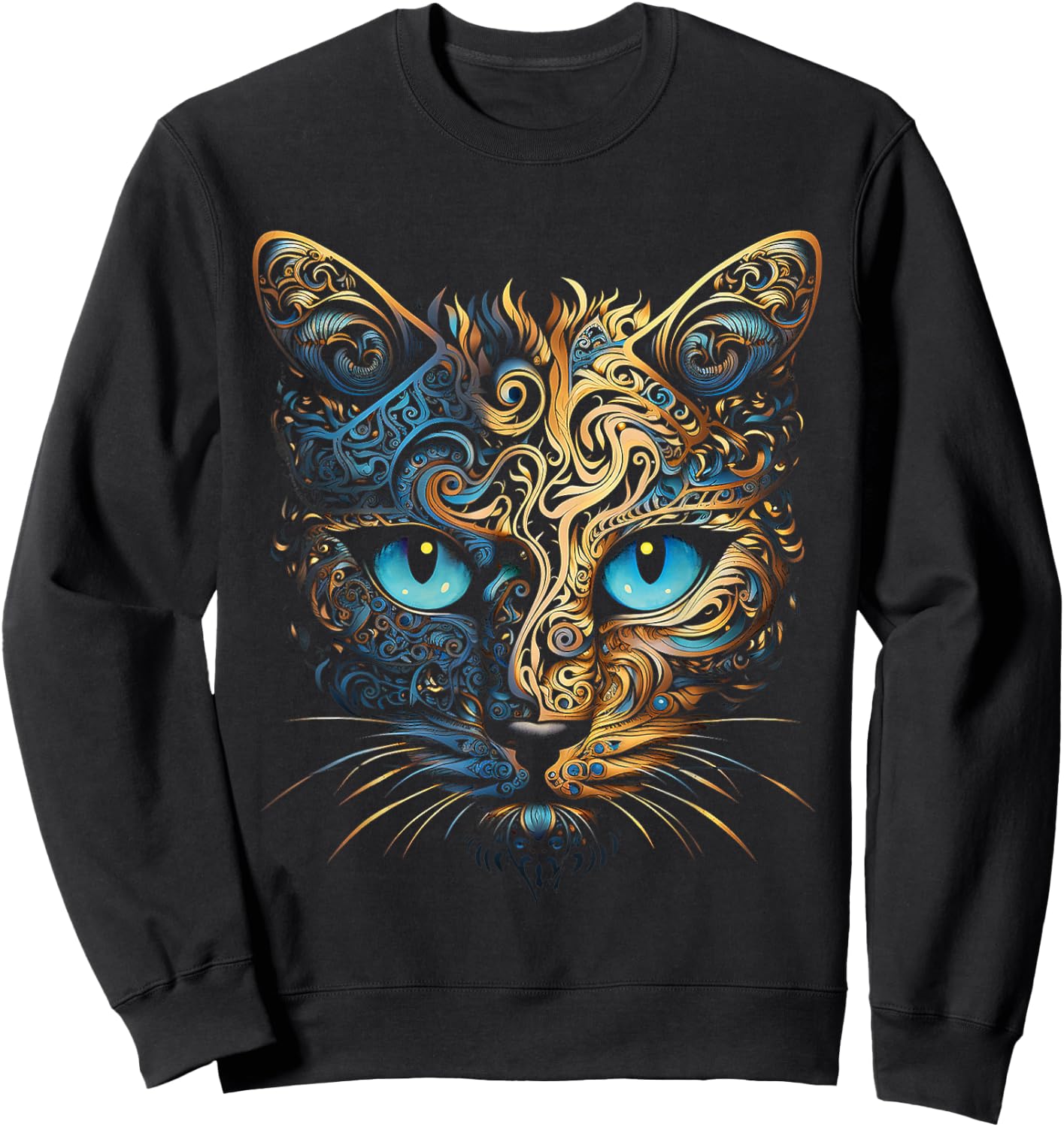 Cat Fantasy Blue Eyes Mandala Animal Art Cat , black Sweatshirt - Sweatshirt | Black