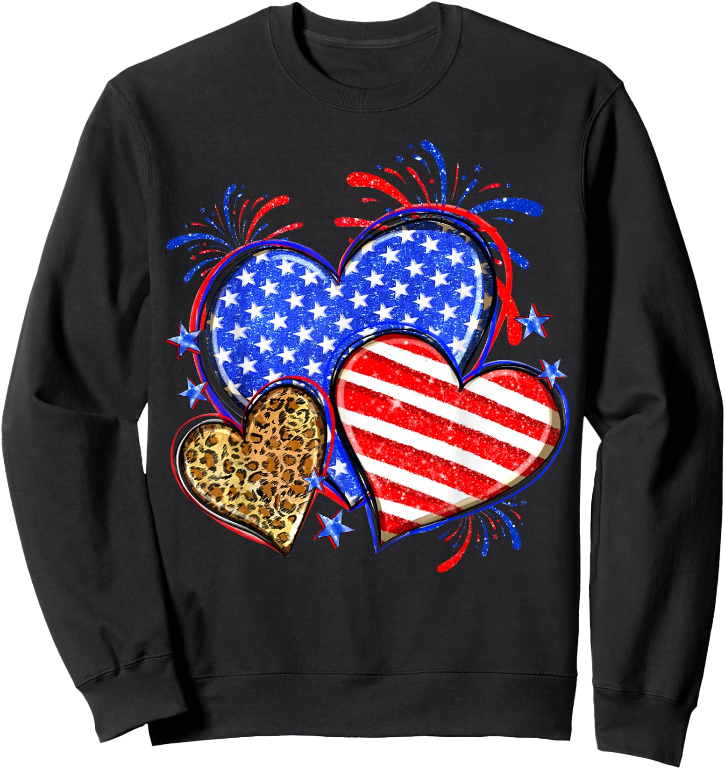 USA Flag Heart 4th Of July Leopard Patriotic Red White Blue Sweatshirt - Sweatshirt | Black