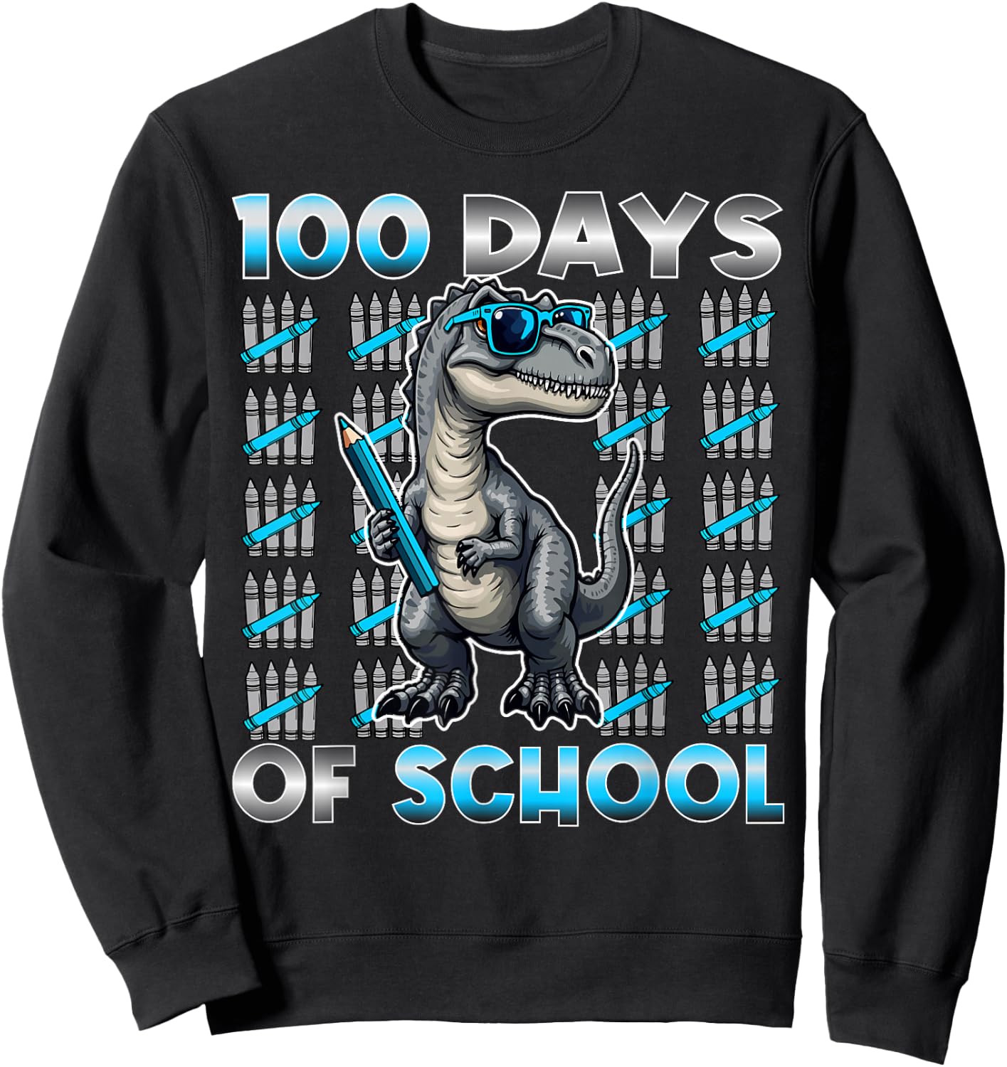 Dinosaur T Rex 100 Days of School Apparel 100 Days Smarter Kids -Kids Black Small Modern Straight Fit Cotton with Cartoon Dinosaur Pattern Short Sleeve Sweatshirt - Sweatshirt | Black