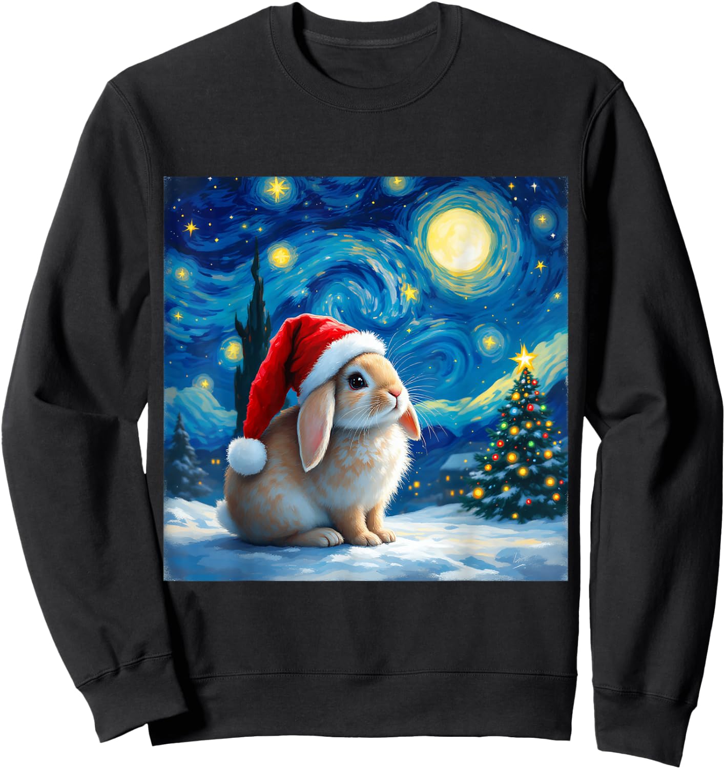Christmas Rabbit Santa Hat Van Gogh Starry Night Holiday Sweatshirt - Sweatshirt | Black