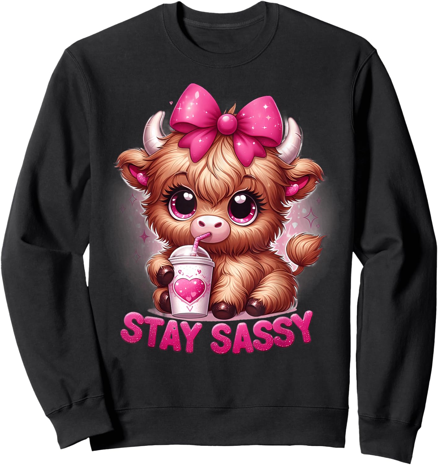 Baby Highland Cow Coffee Pink Bow Stay Sassy Girl Women's Cute Sweatshirt - Sweatshirt | Black