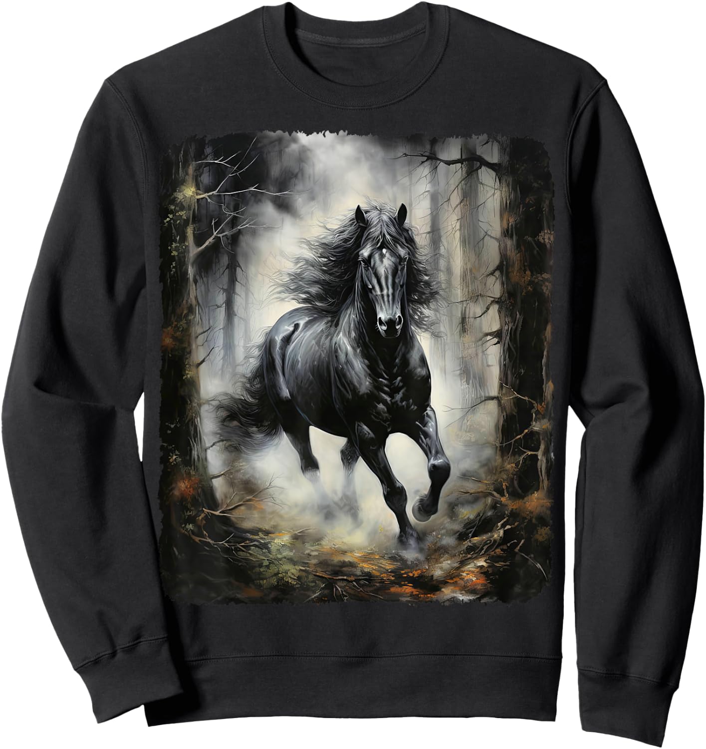 Schwarzes Pferd rennt durch den Wald in der Nacht Sweatshirt - Sweatshirt | Black