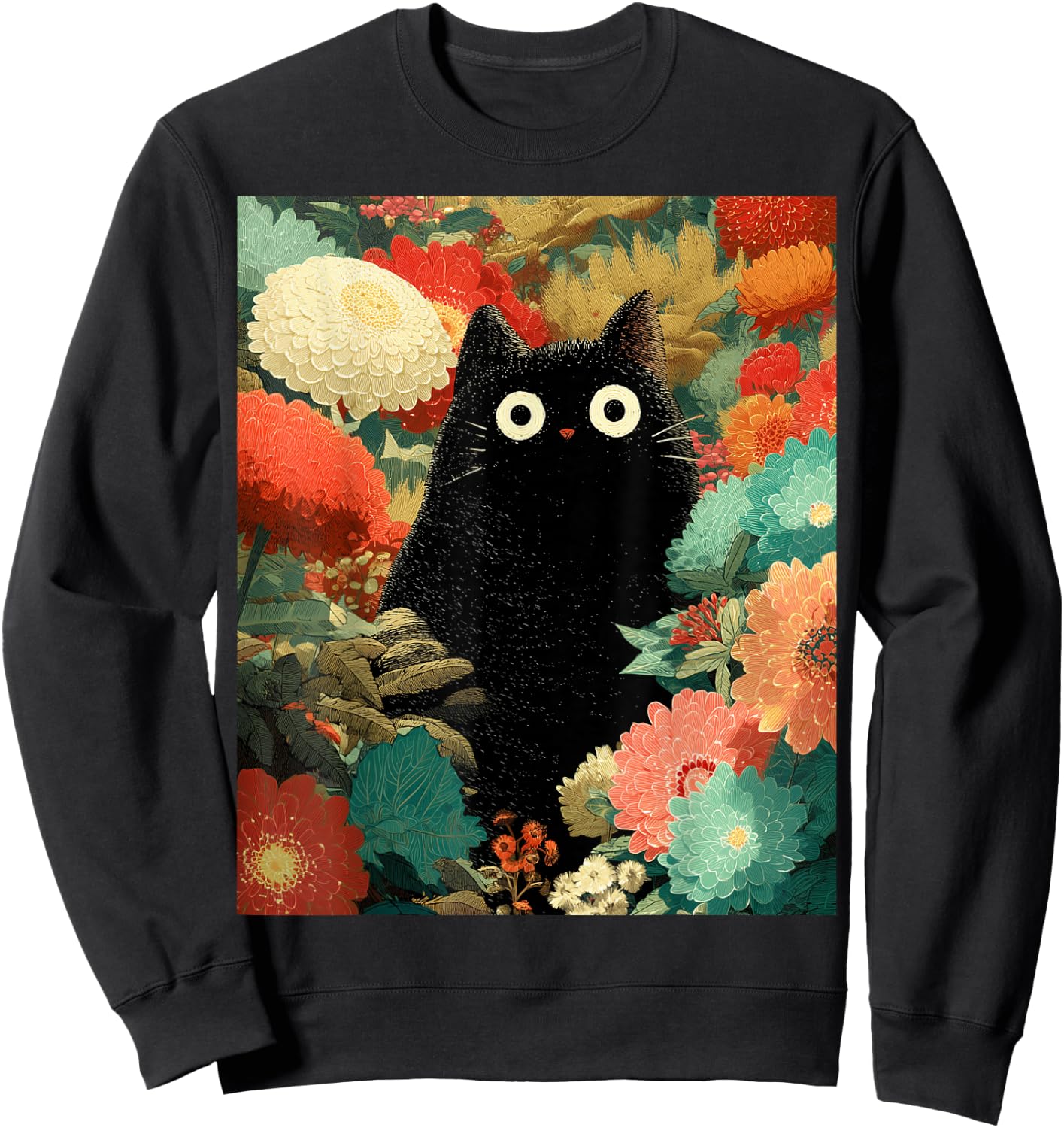 Japanische Schwarze Anime-Katze, Blumen, Sommer, Frühling, Herbst Sweatshirt - Sweatshirt | Black