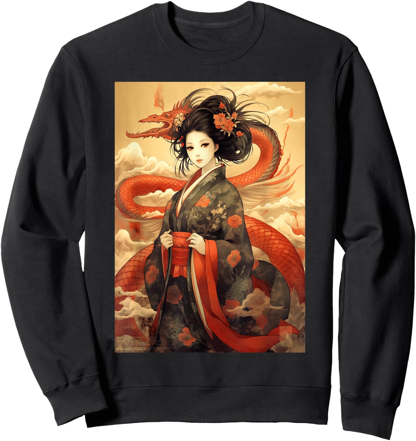 Japanese Geisha Kawaii In Kimono Dragon Japan Sweatshirt - Sweatshirt | Black