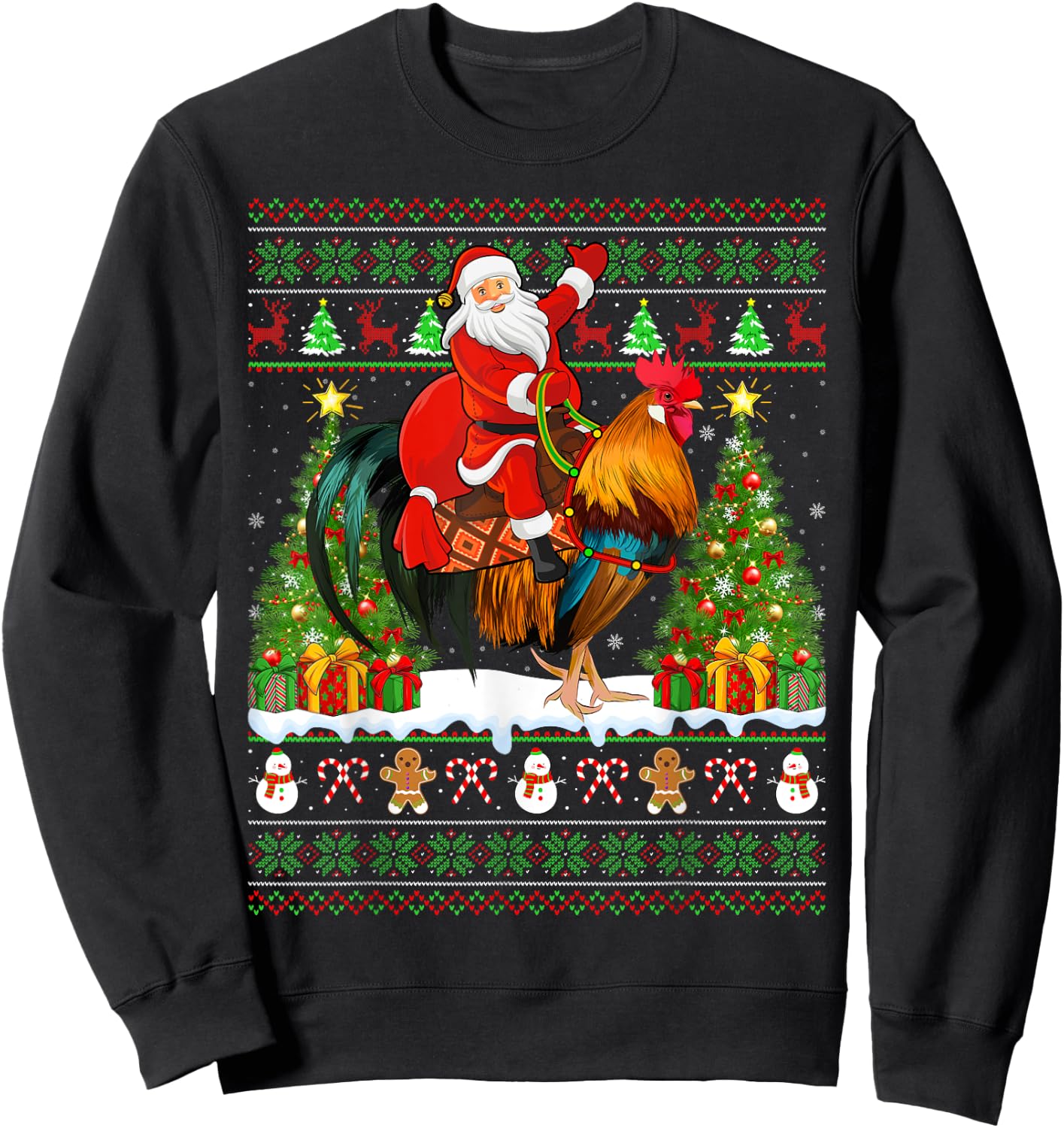 Rooster Bird Lover Funny Ugly Santa Riding Rooster Christmas Sweatshirt - Sweatshirt | Black