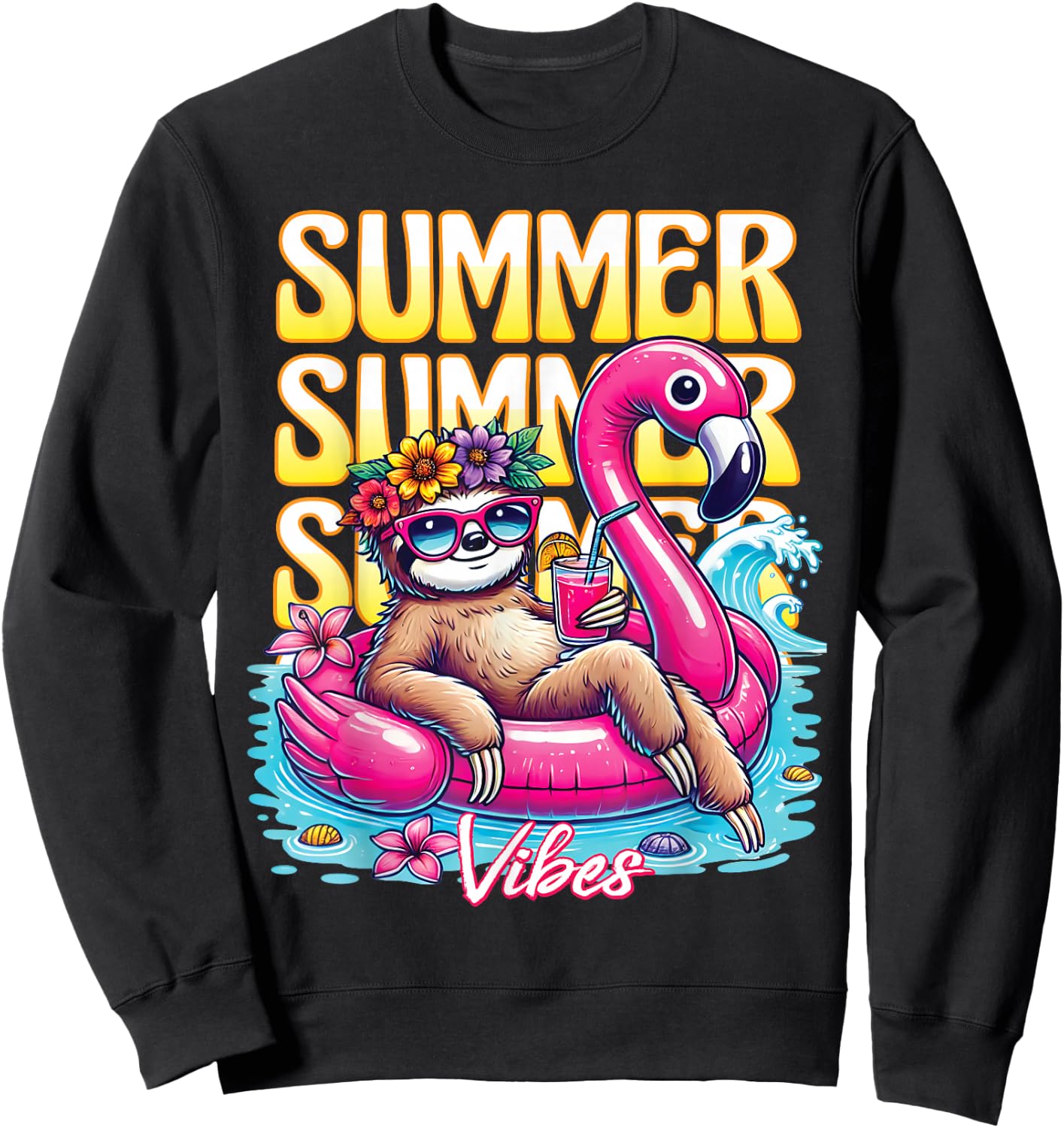 Summer Vibes Funny Sloth Sunglasses Beach Cute Vacation Sweatshirt - Sweatshirt | Black